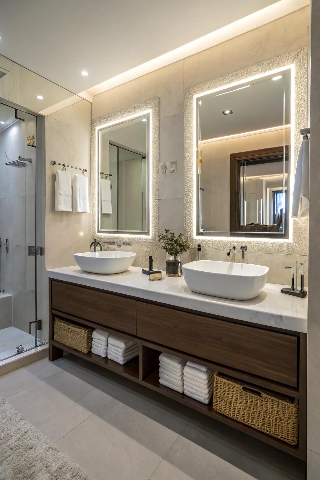 Backlit mirrors introduce sophistication and soft lighting to the vanity area.