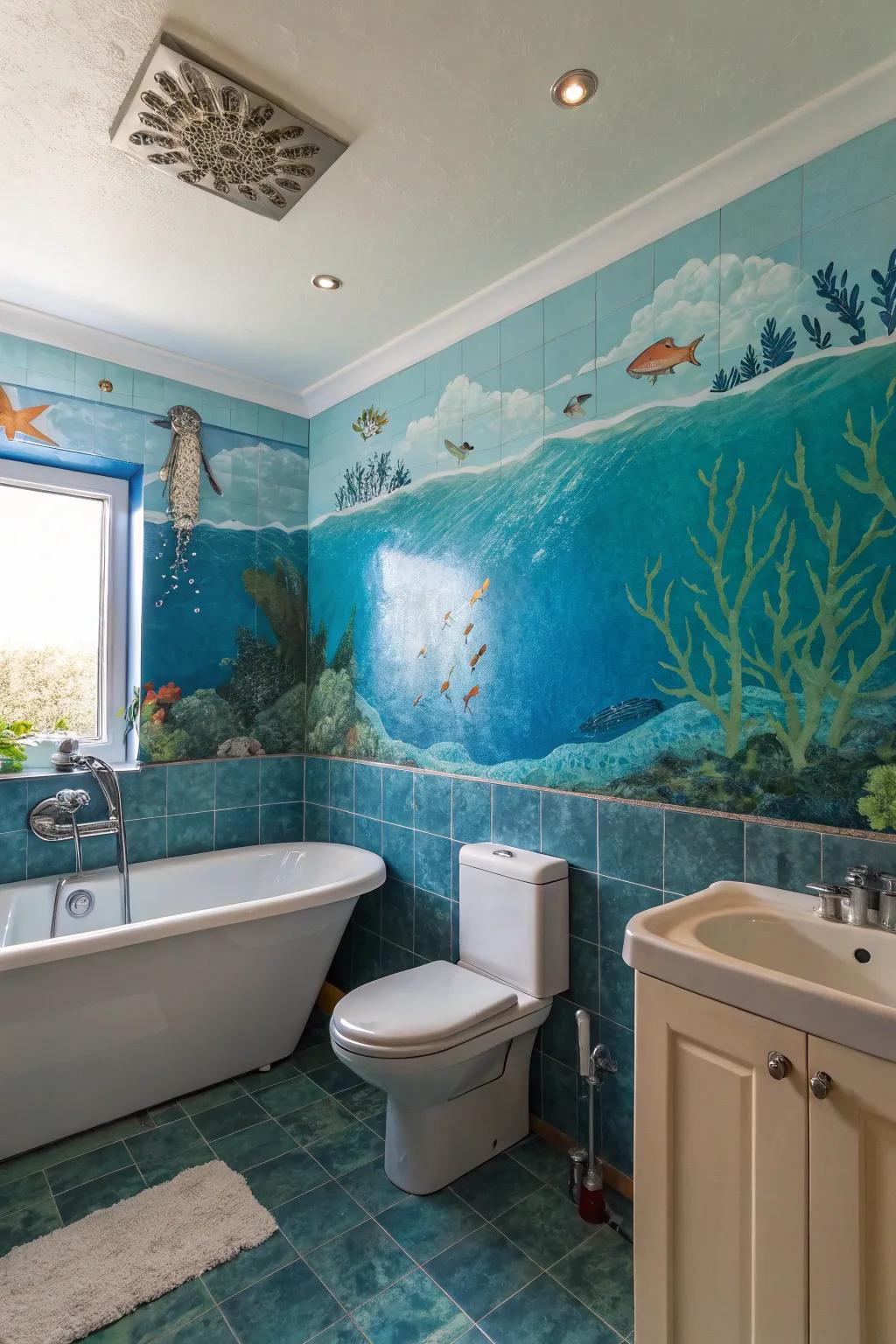 An aquatic-themed bathroom featuring ocean-inspired wall art.