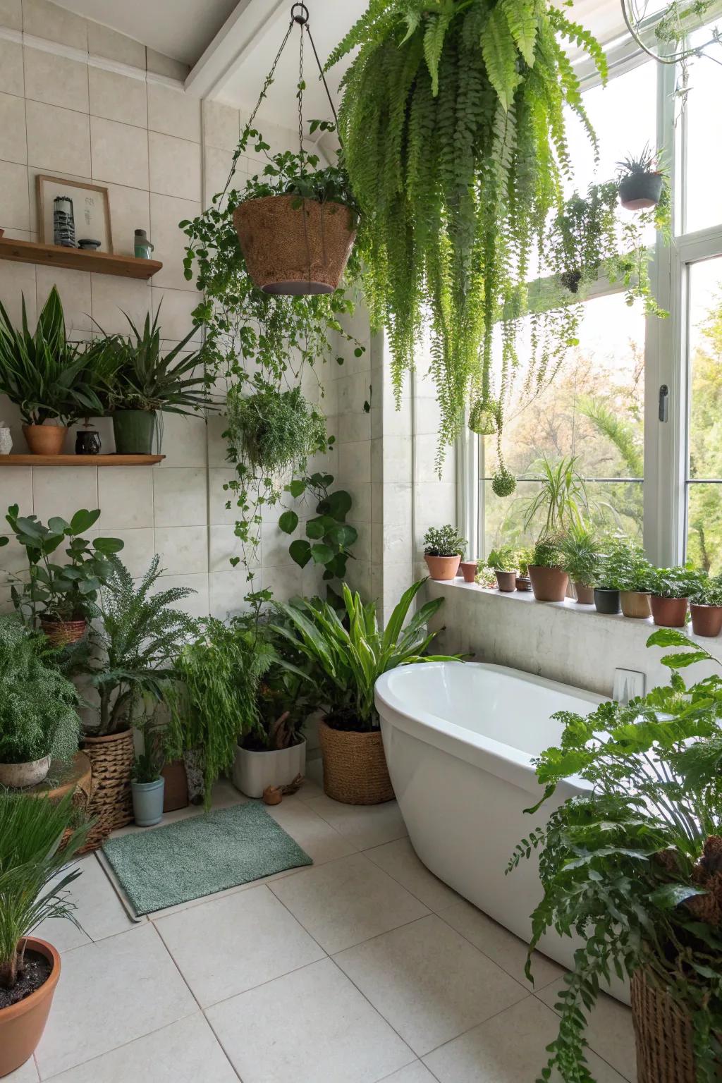 A bathroom haven with abundant greenery, merging nature with interior space.