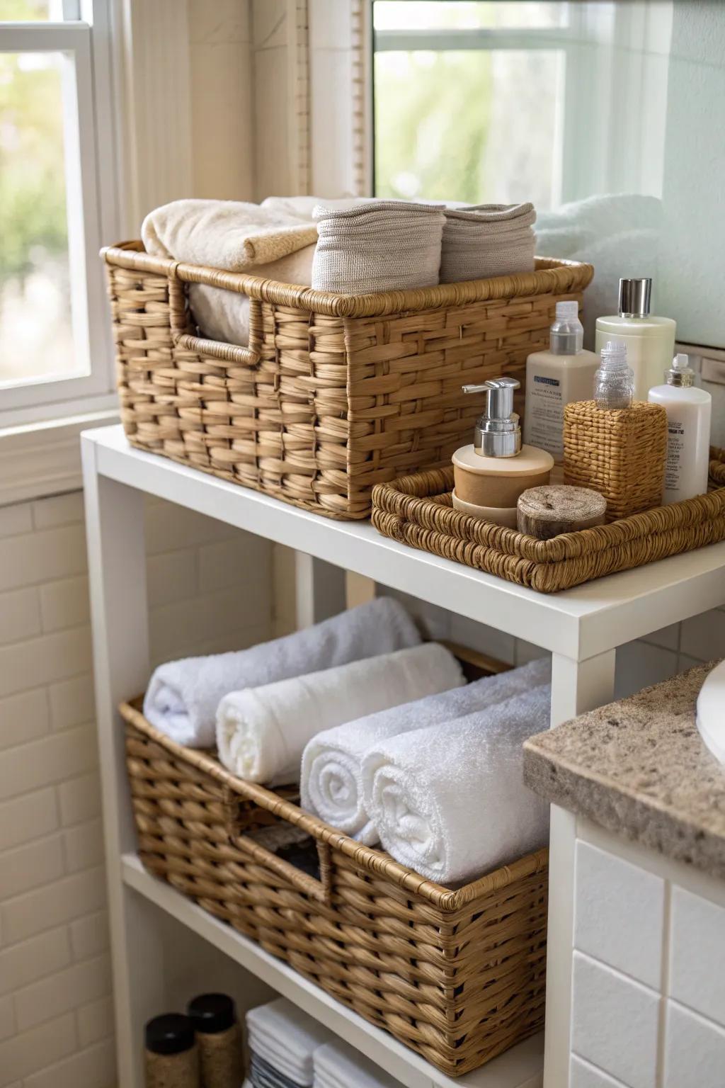 Wicker baskets contribute texture and practicality.
