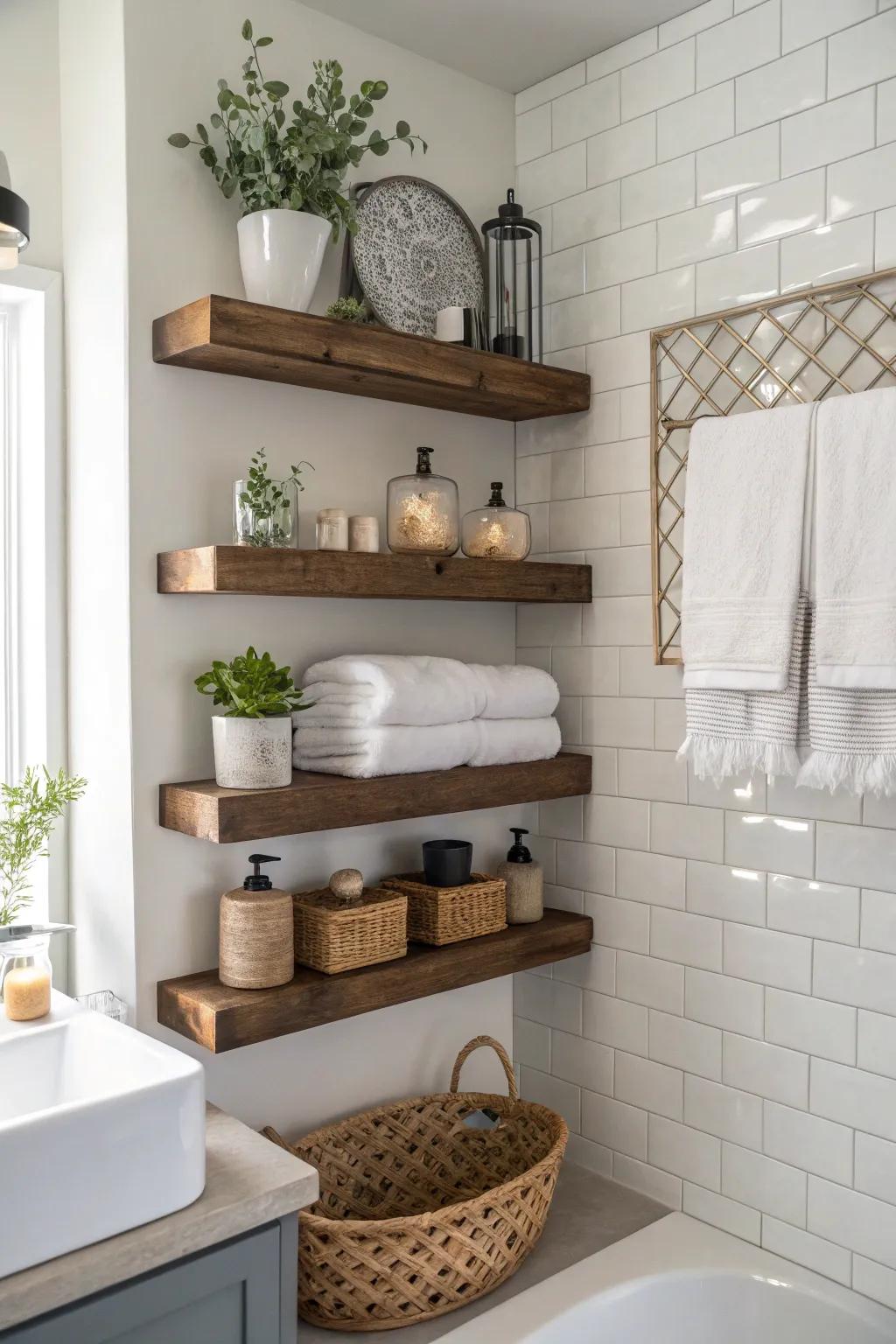 Elevate your bathroom's style and practicality with inventive shelving.