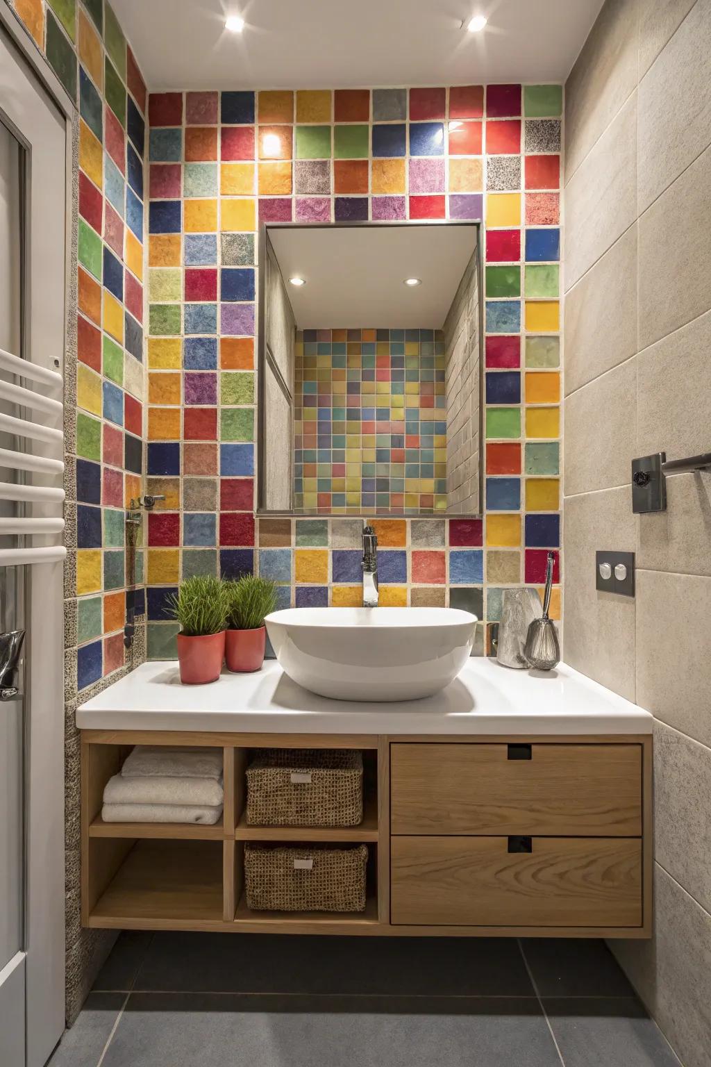 A vibrant burst of color through mosaic tiles, enlivening the bathroom space.
