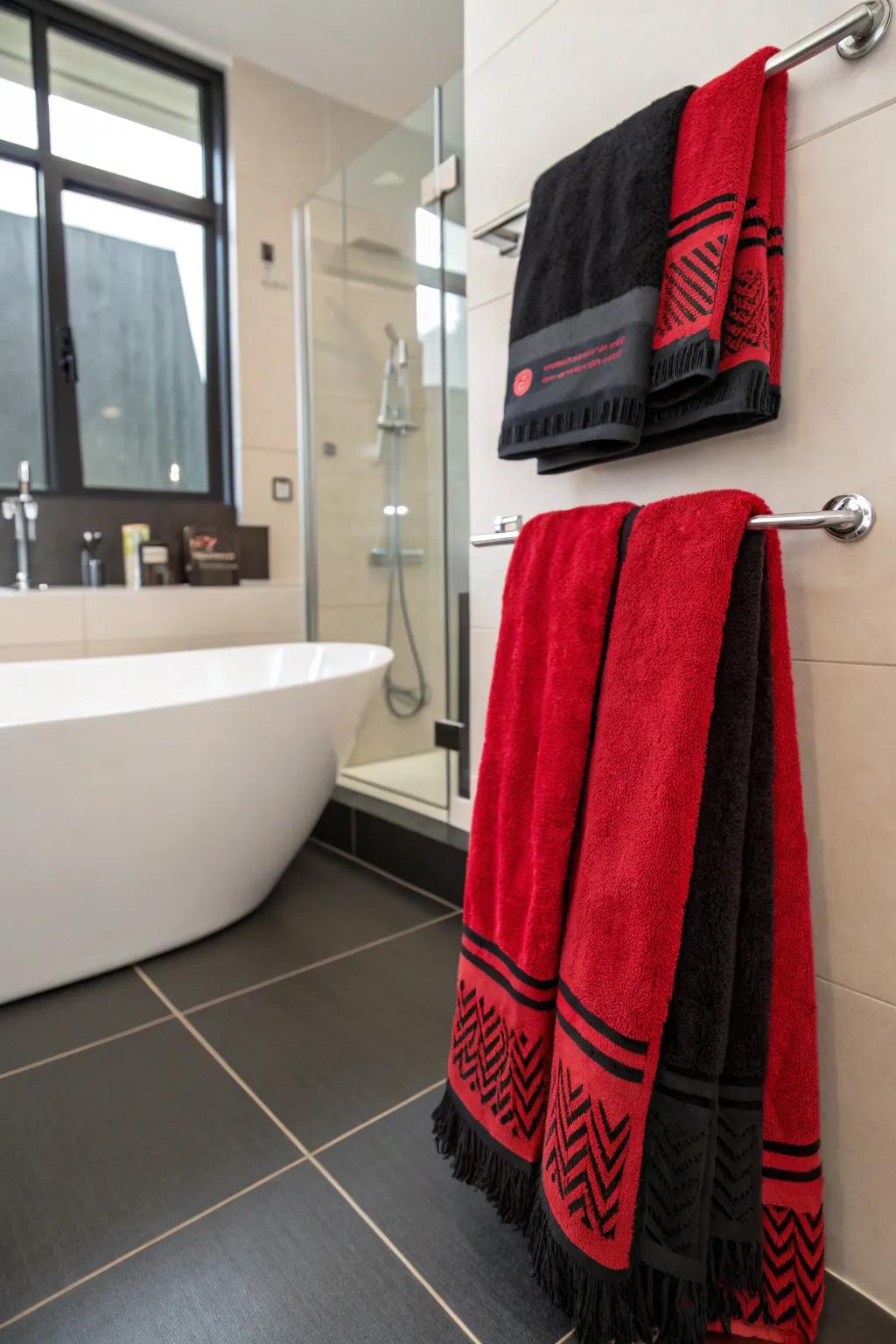 Ruby and onyx towels fashion a daring declaration in any bathroom.