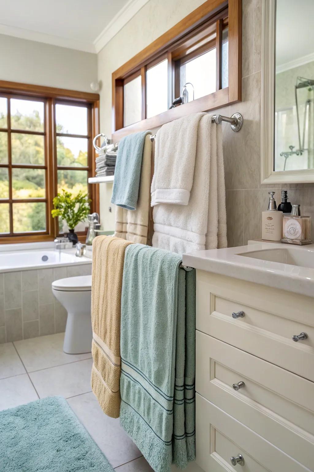 Establish dimension and texture by arranging towels in similar shades.