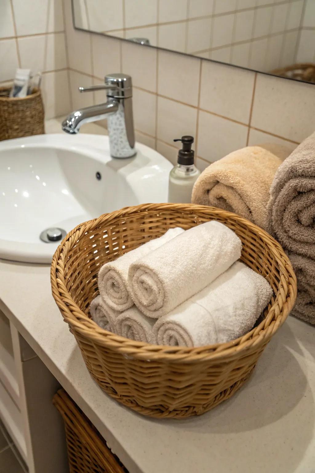 Baskets offer a down-to-earth yet useful way to store towels.