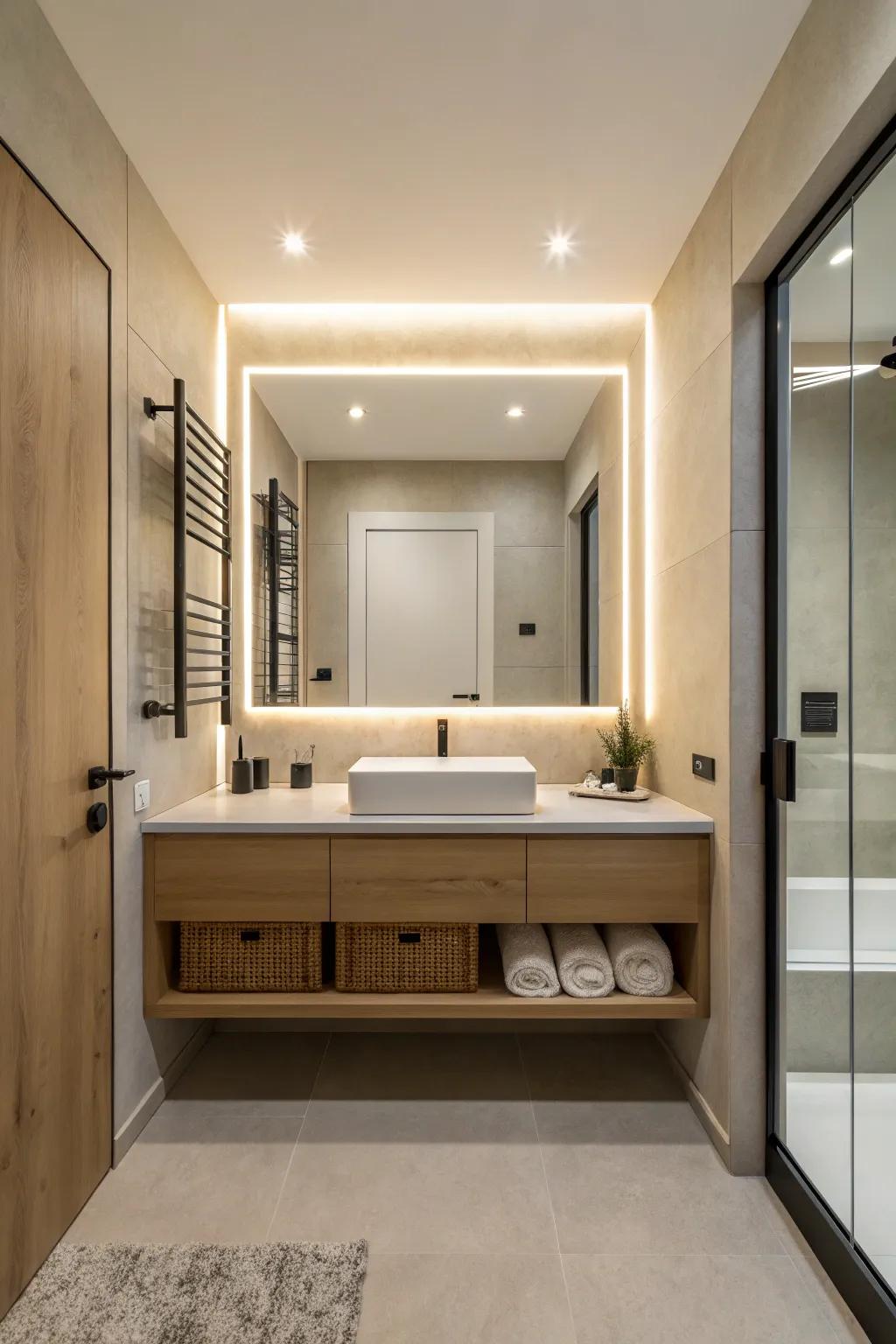 Mirror-integrated lighting provides a sleek, modern touch.