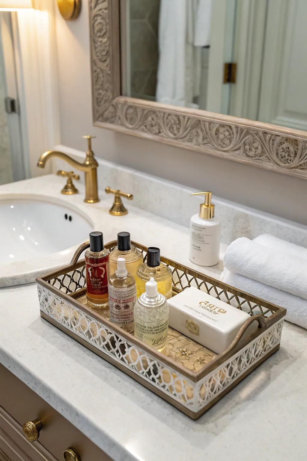 Tastefully arranged countertop with a decorative tray.