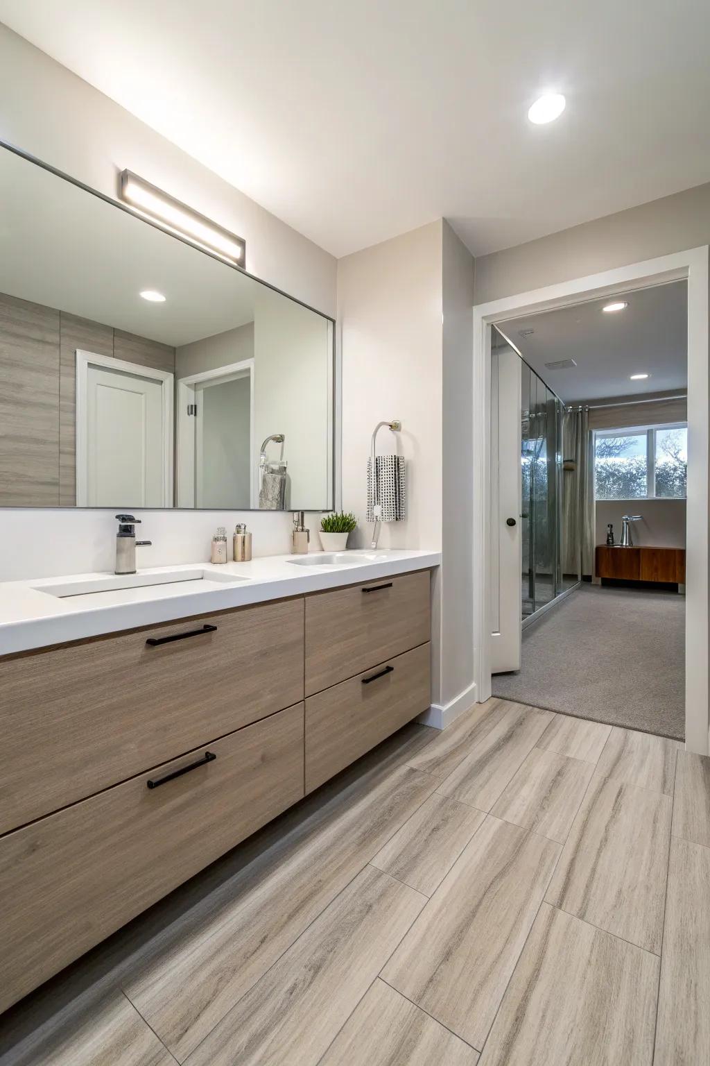 Very little <strong><em>plastic-based floors</em></strong> develops a tidy and modern-day restroom appearance.” loading=”lazy” class=”pimg”>
	</picture><figcaption>Very little <strong><em>plastic-based floors</em></strong> develops a tidy and modern-day restroom appearance.</figcaption></figure>
<p>Often, simpleness is the supreme refinement. A <strong><em>smooth, very little plastic floor</em></strong> in neutral tones can provide your restroom a tidy, modern-day feeling.</p>
<h3>Explore these options:</h3>
<ul class=