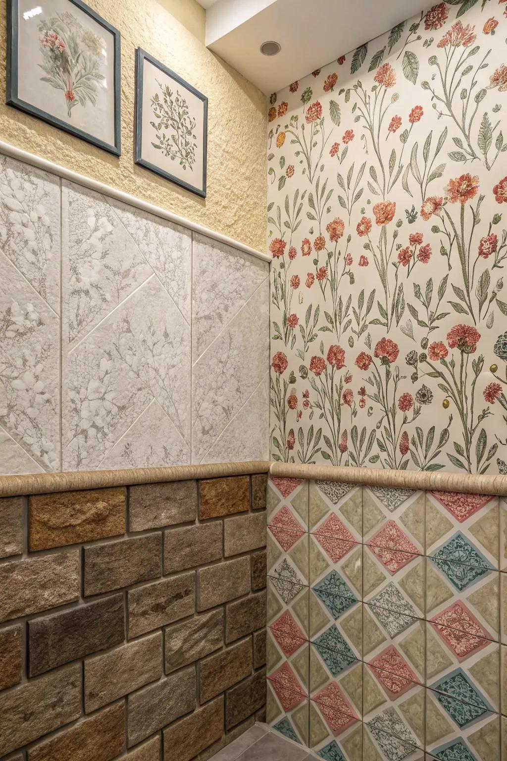 Blending textures and patterns adds a captivating visual appeal to bathroom walls.
