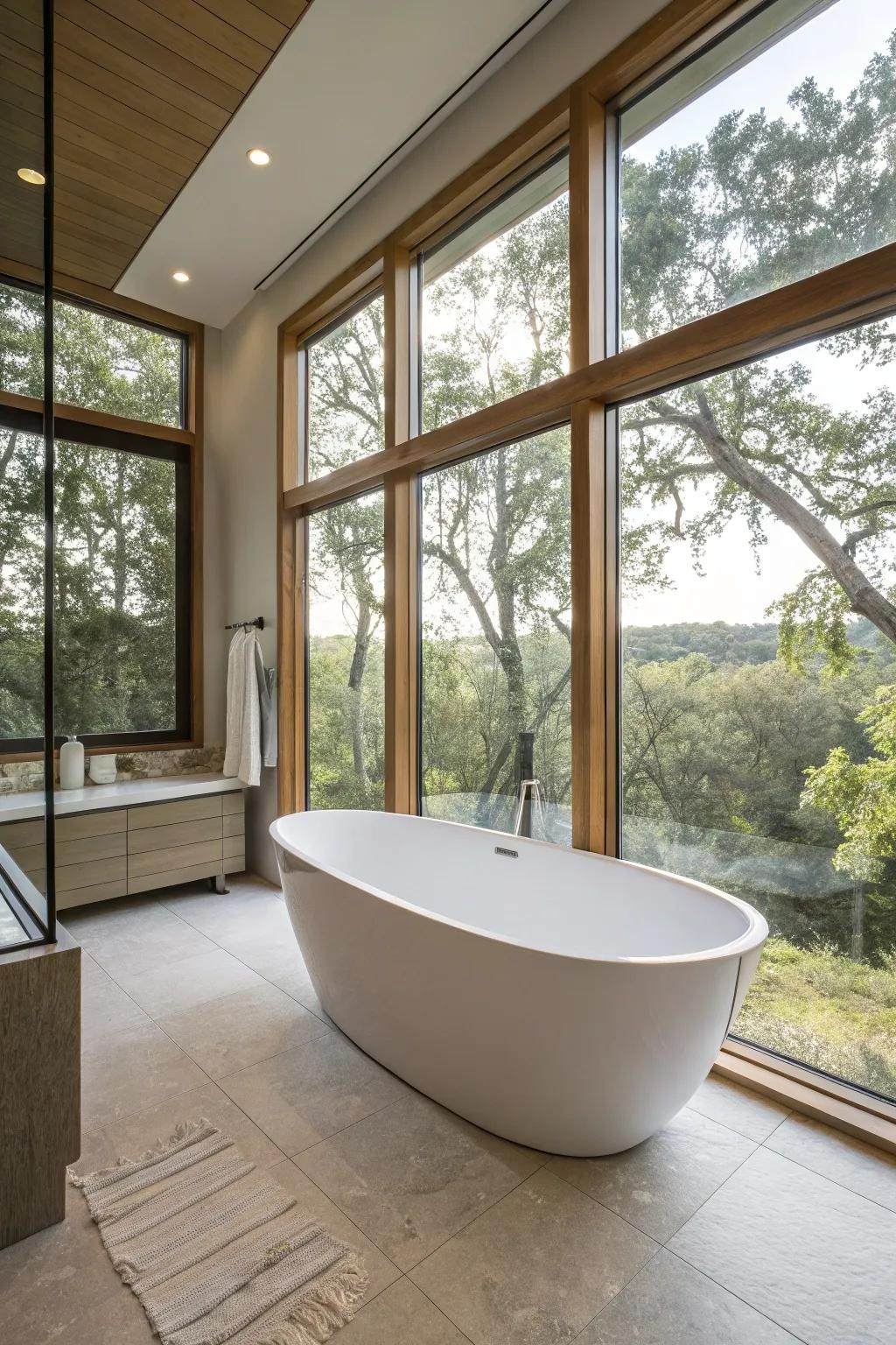 A standalone tub offering breathtaking views of nature.