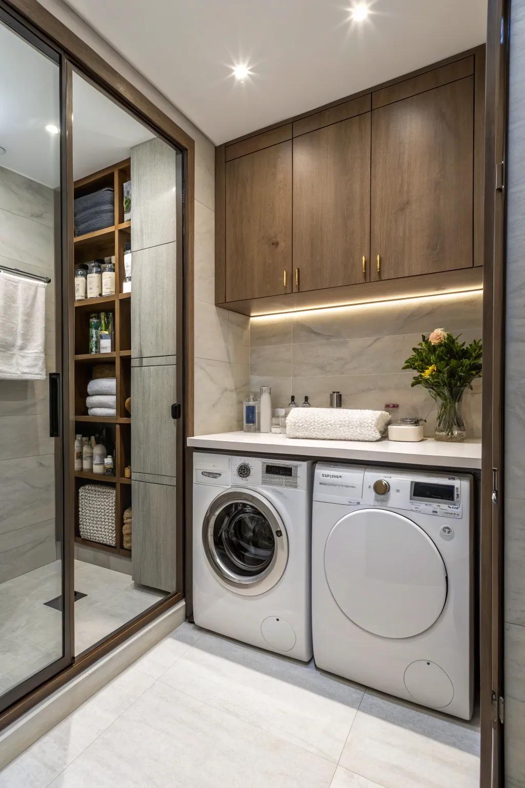 Covering the washer and dryer in cabinetry to impart a tidy impression.