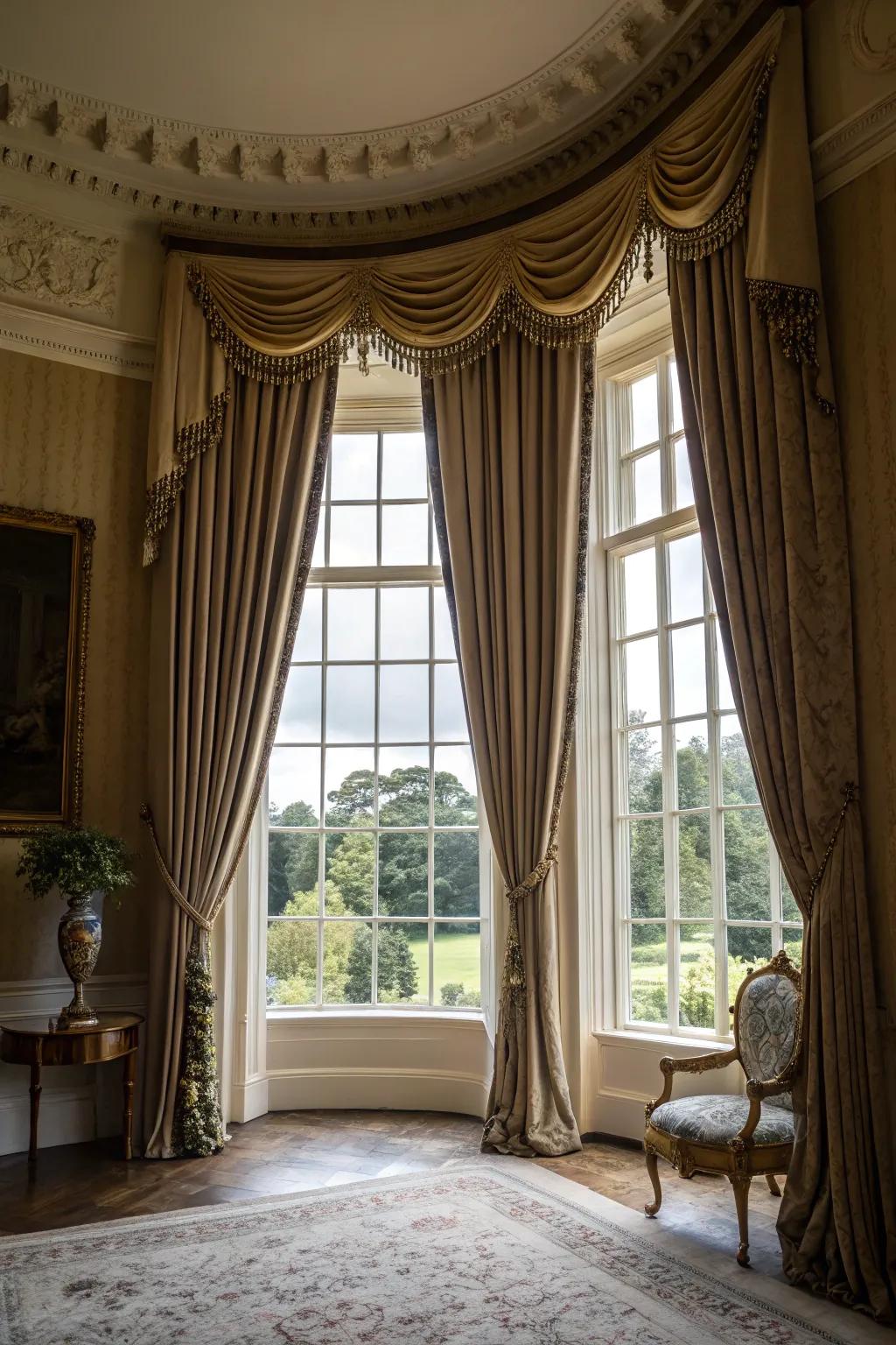 Floor-to-ceiling curtains include elegance and refinement to any bay window.