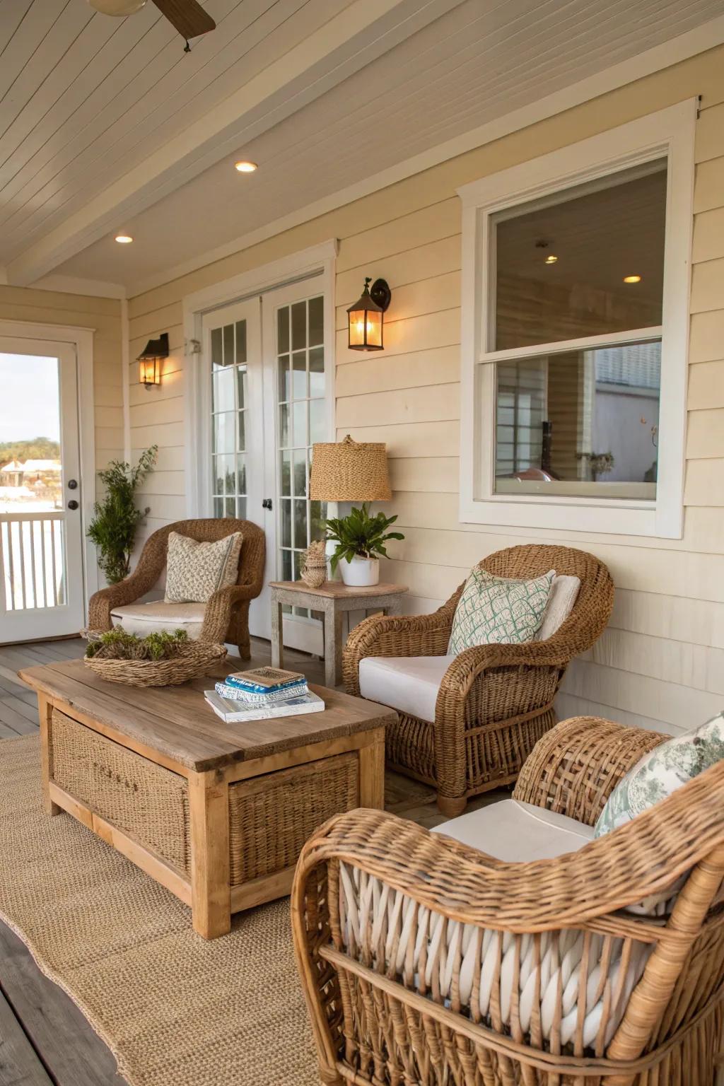 Natural materials give an organic feel to this cozy beach house space.