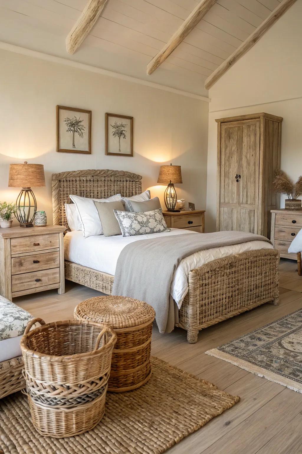 Earthy materials such as found wood and woven items create an inviting coastal atmosphere.