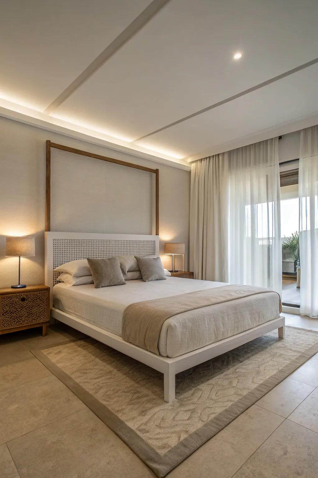 A minimalist bed base provides a serene and uncluttered aesthetic.