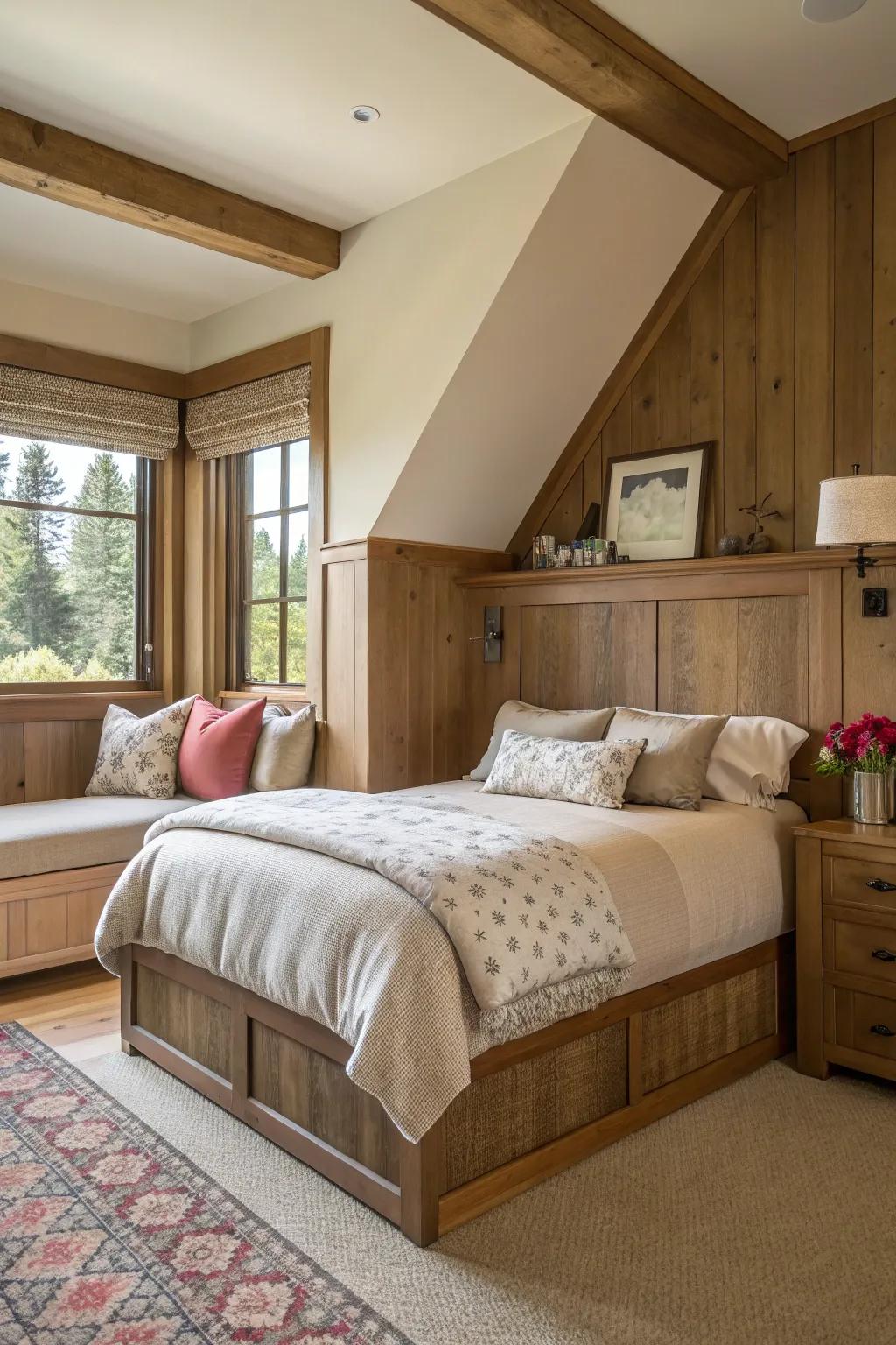 An artistic bedhead adds elegance to a corner bed.