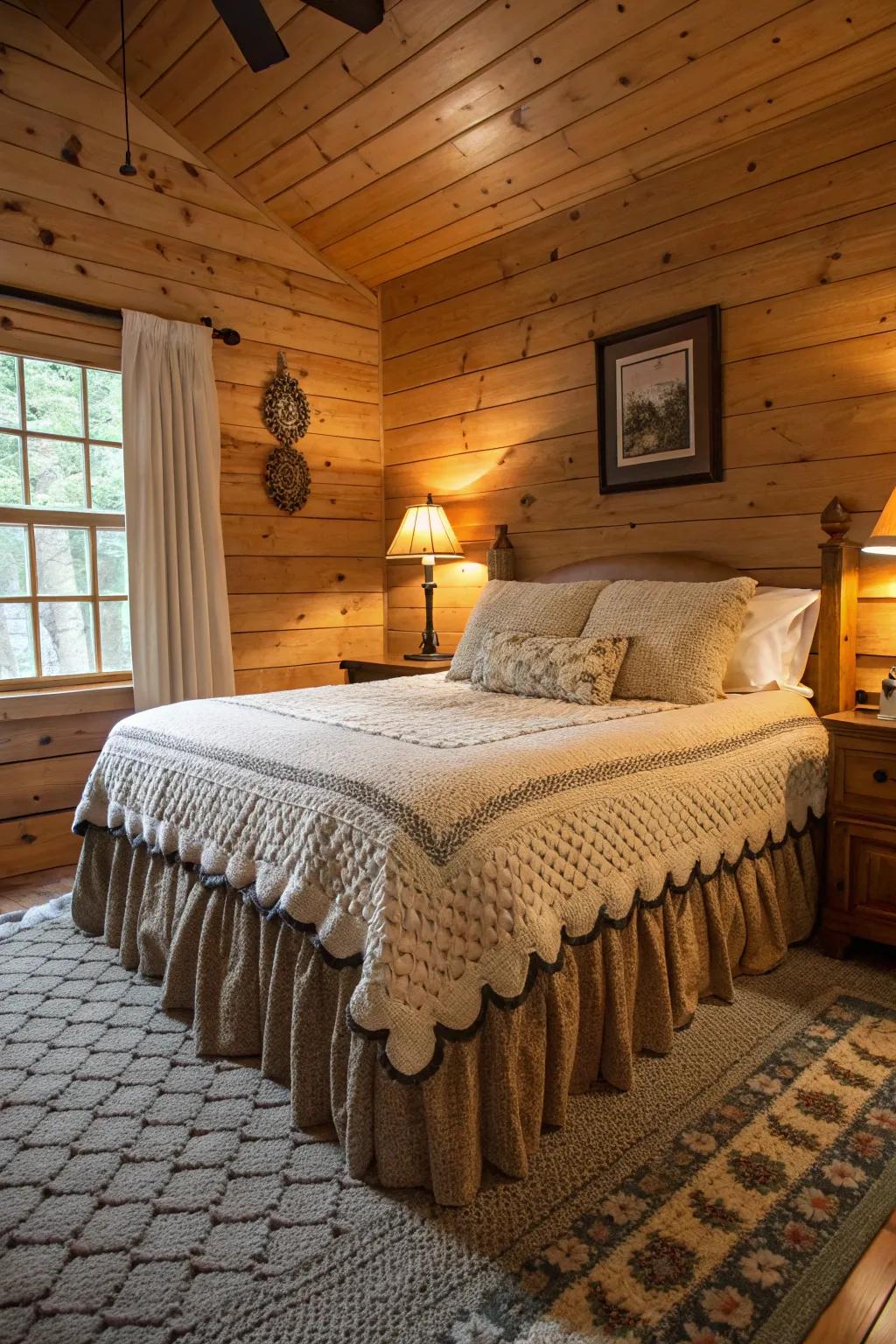 A textured bed skirt brings warmth and depth to the space.