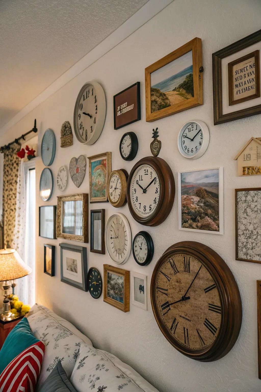 A clock gallery wall infuses your bedroom with imagination and personality.