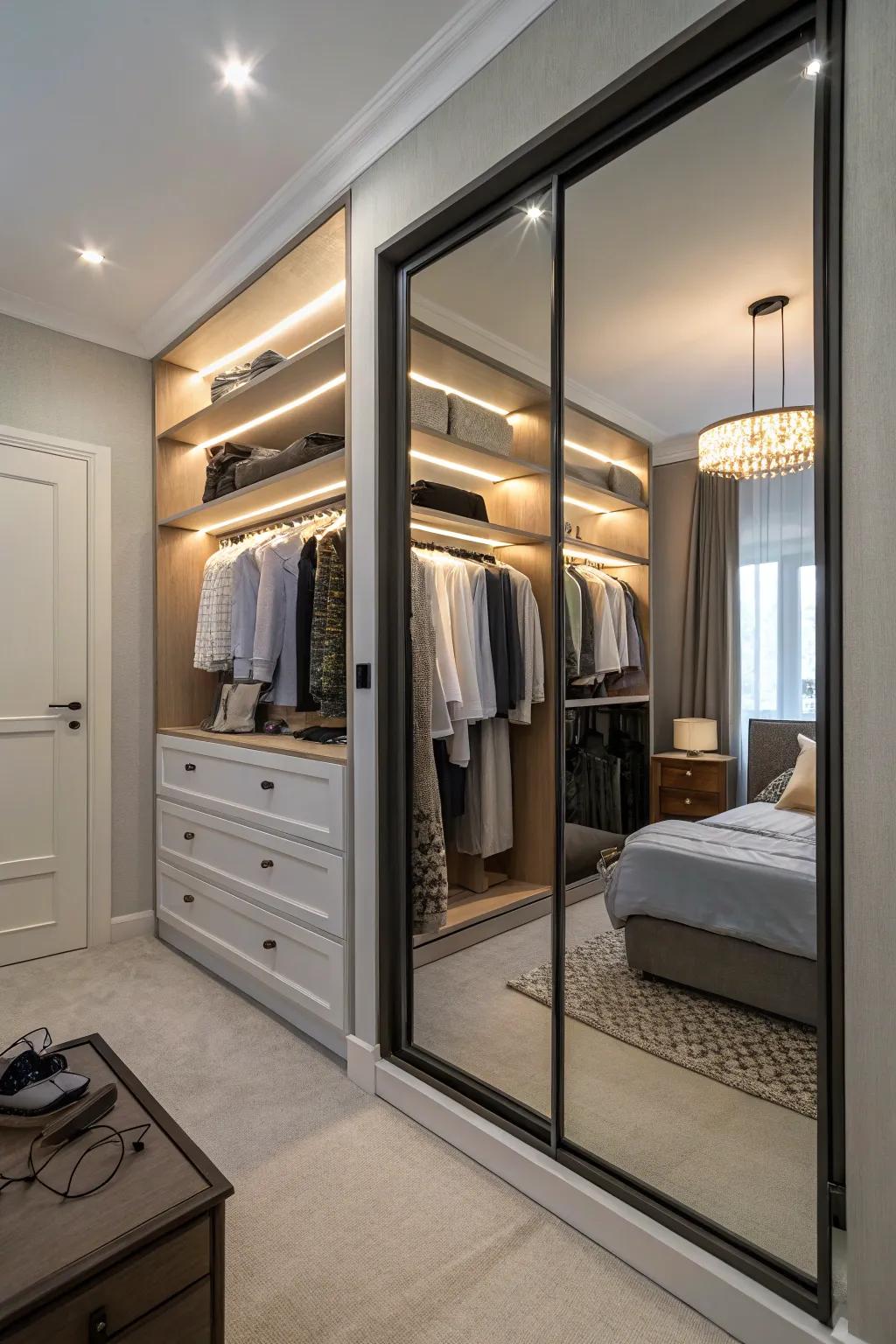 Mirrors not only fulfill practical needs but also visually broaden your closet's dimensions.