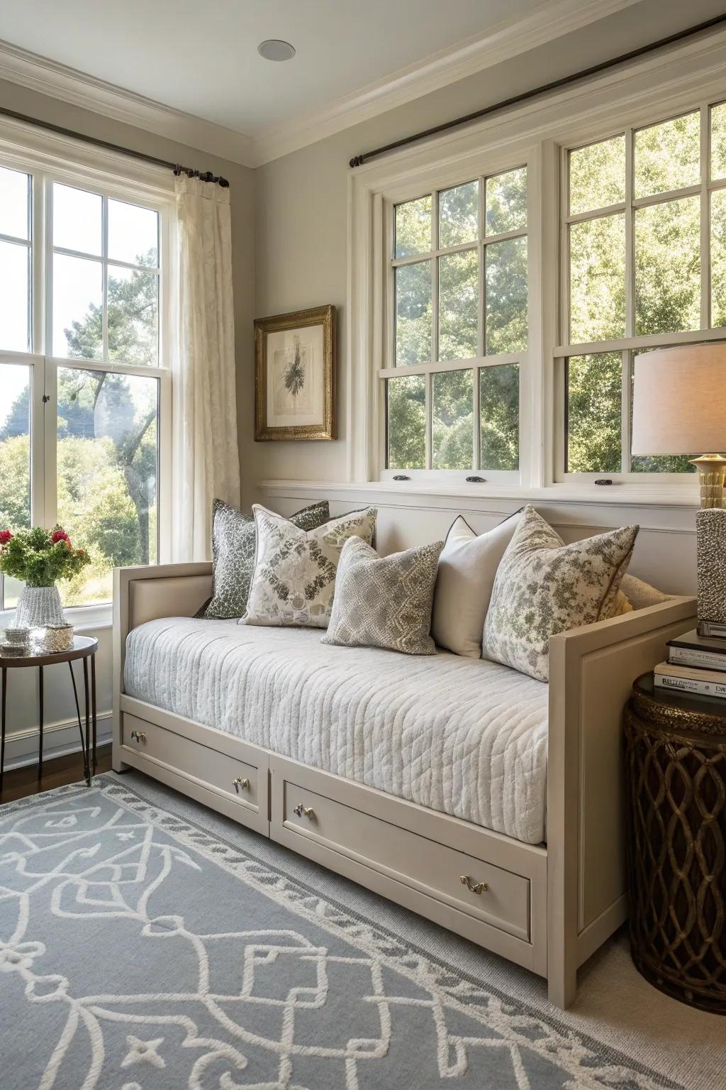 A versatile daybed in a bedroom, providing both seating and sleeping options.