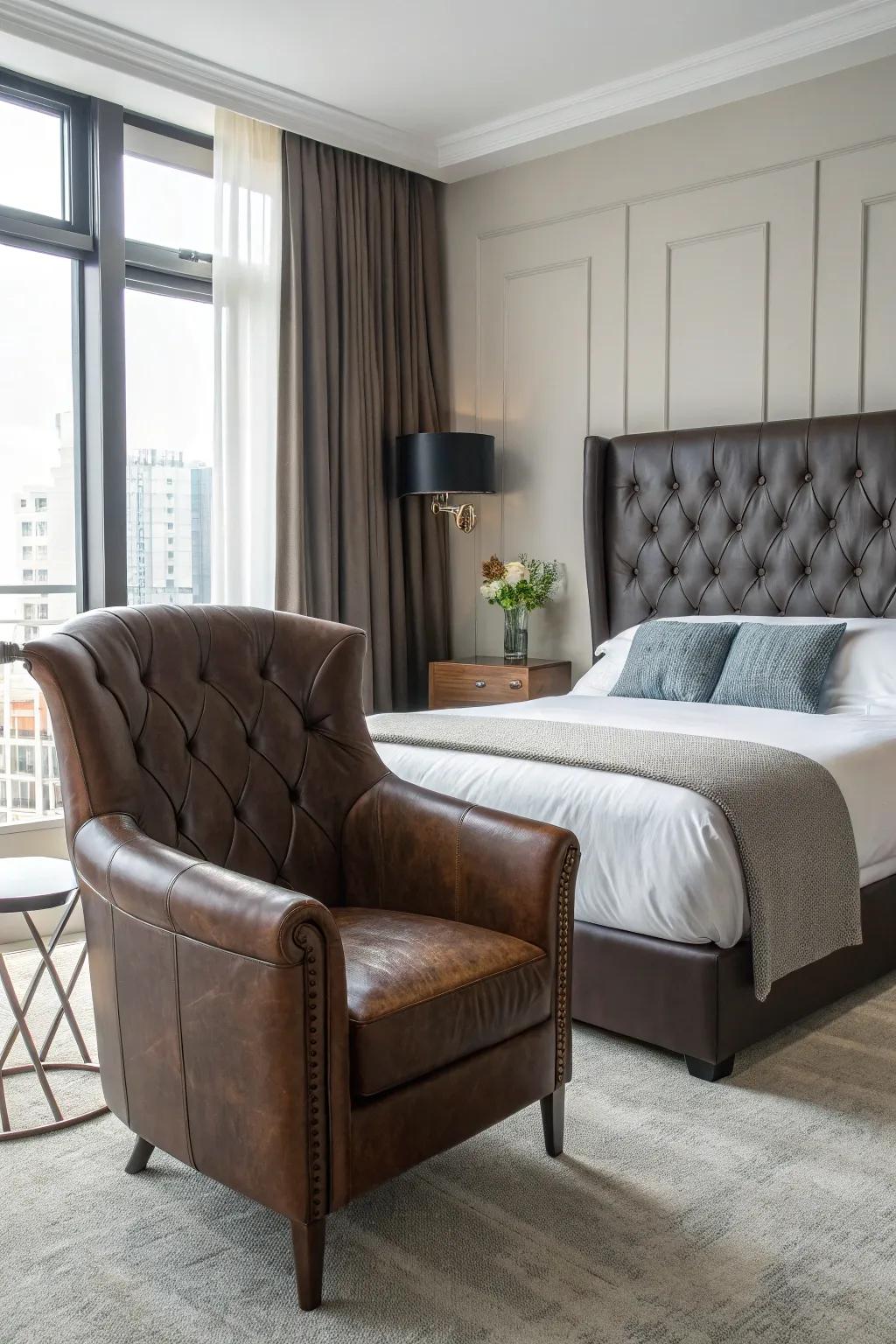 Leather elements add a luxurious touch to this masculine bedroom.