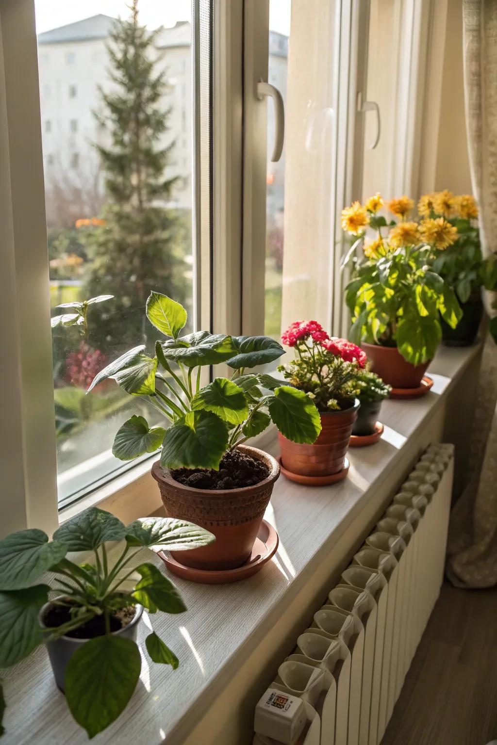 A sunny windowsill transforms into a vivid plant showcase.