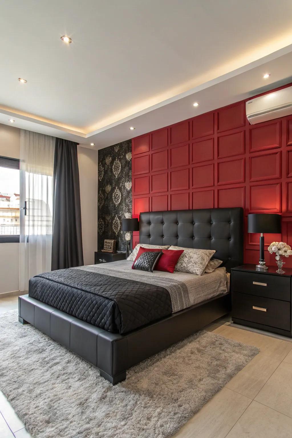 A compelling accent wall complements the dark furnishings, injecting depth and vibrancy.