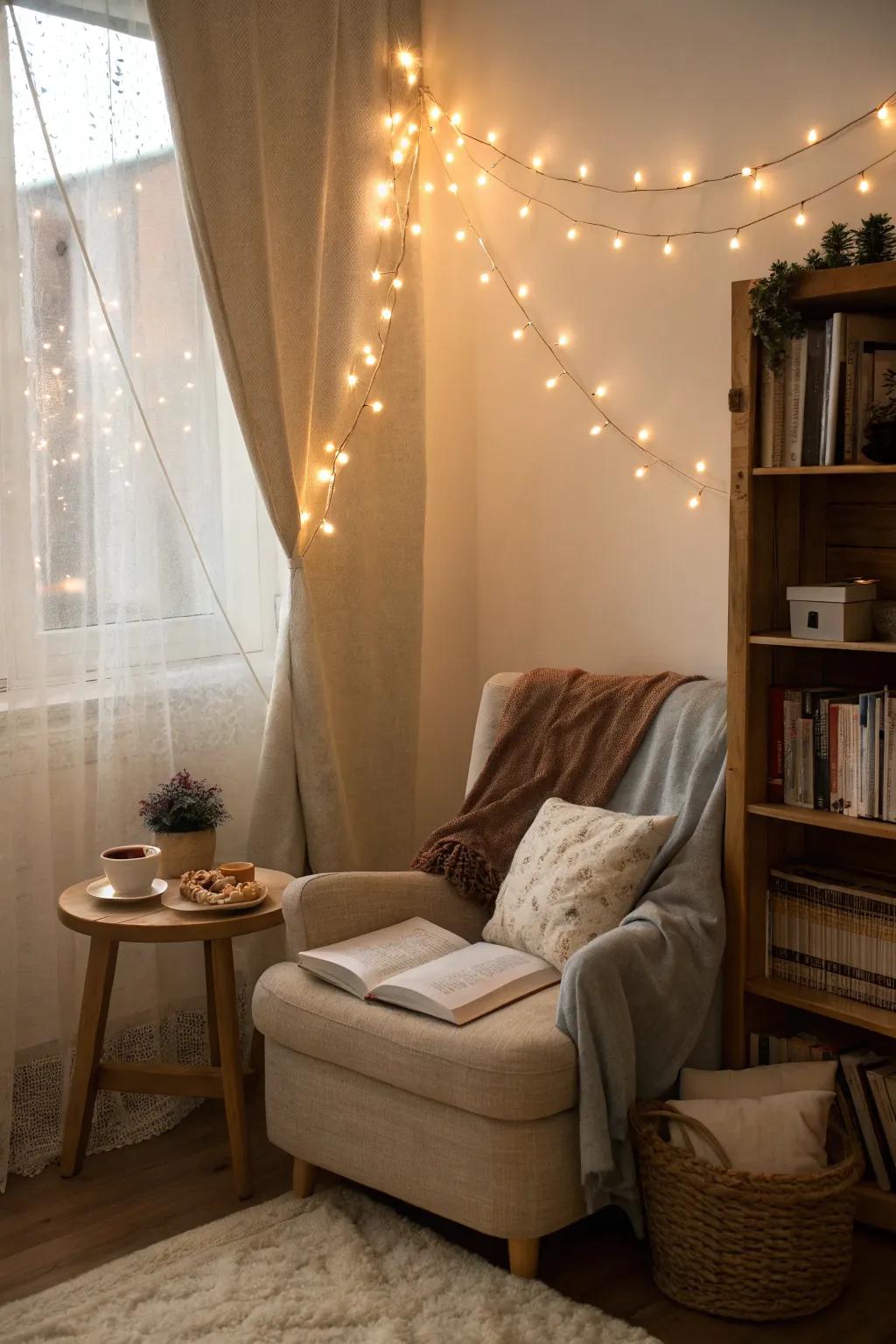A bedroom nook lit by soft fairy lights, creating a calming atmosphere.