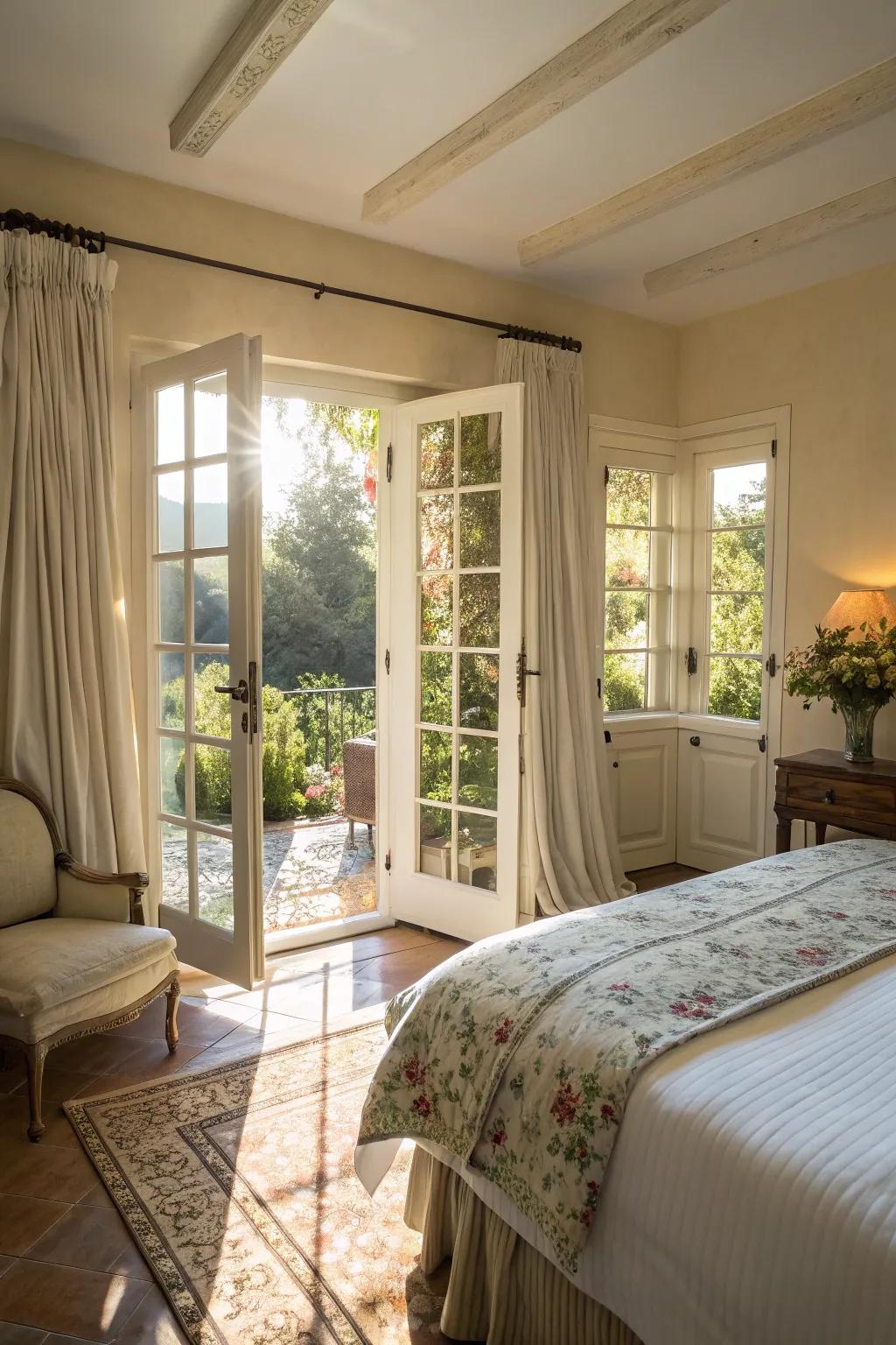 Classic French doors give a lovely, elegant charm to the bedroom.