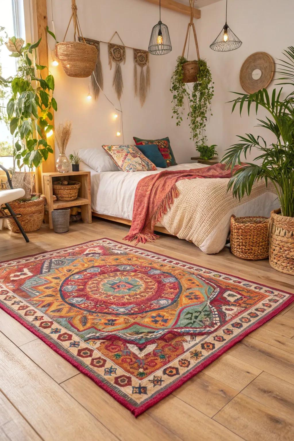 Bring bohemian flair to your bedroom with a colorful floor covering.