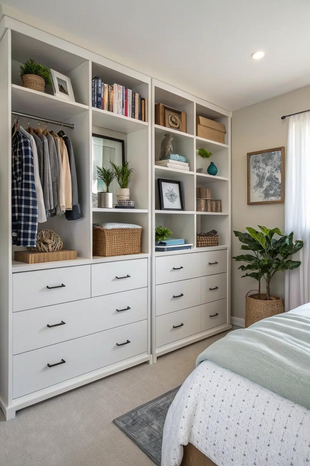 A well-organized bedroom with smart storage.