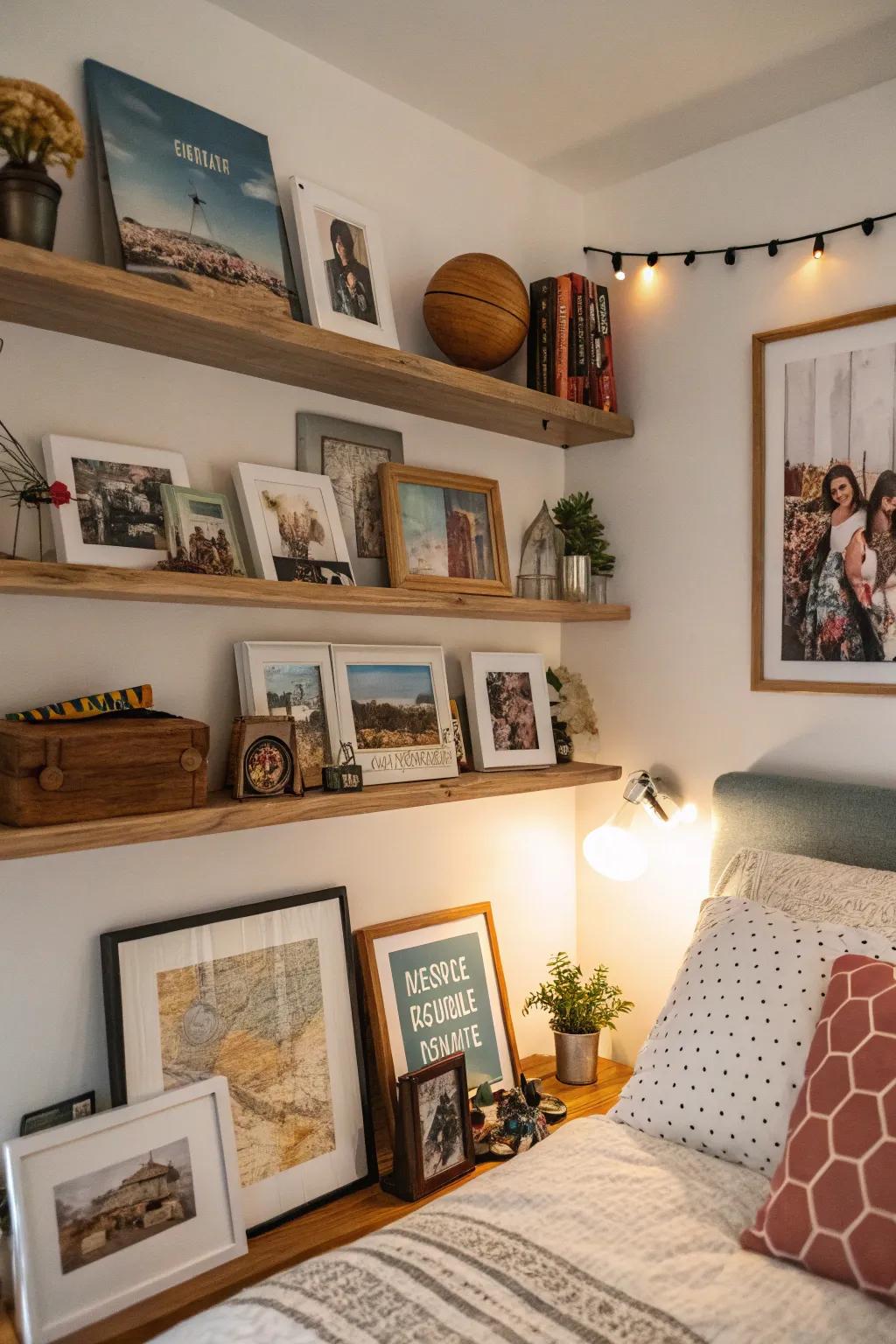 Individual touches on shelves cultivate a welcoming, snug atmosphere.
