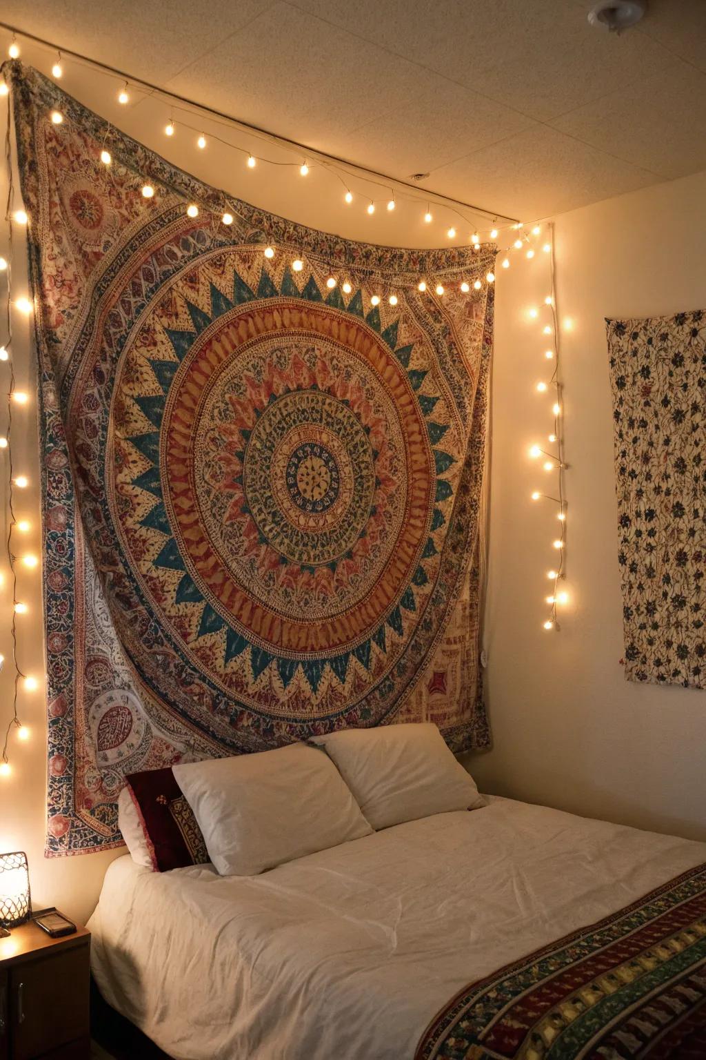 Craft a snug glow with fabric art and fairy lights.