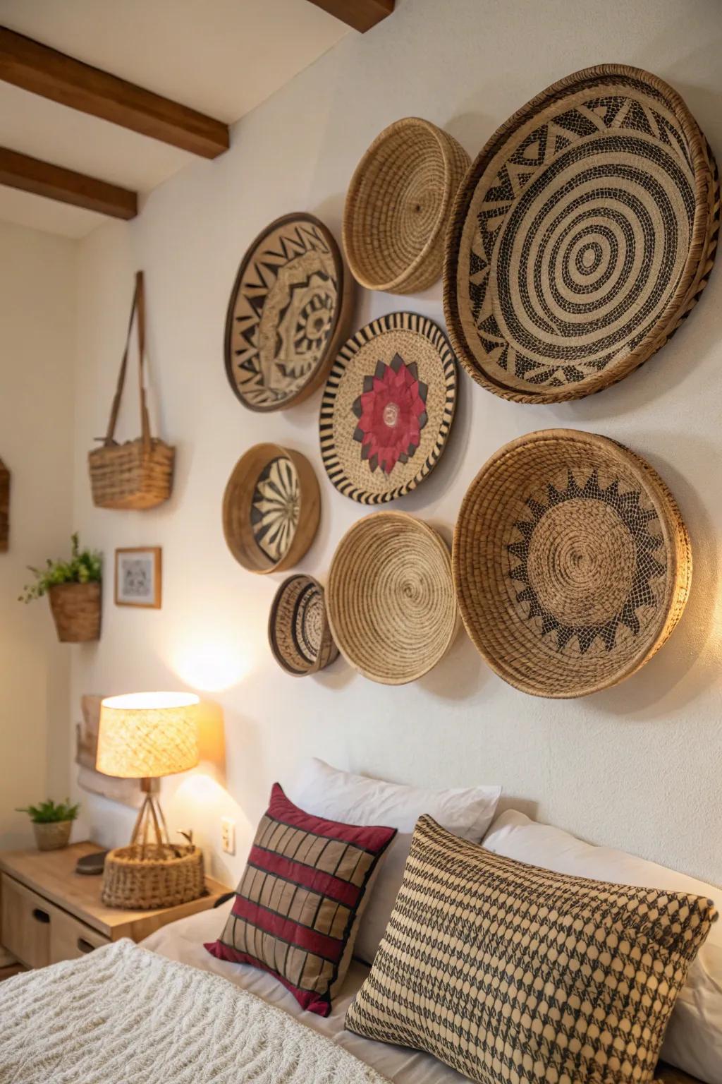 Woven containers introduce texture and a bohemian feeling to bedroom walls.
