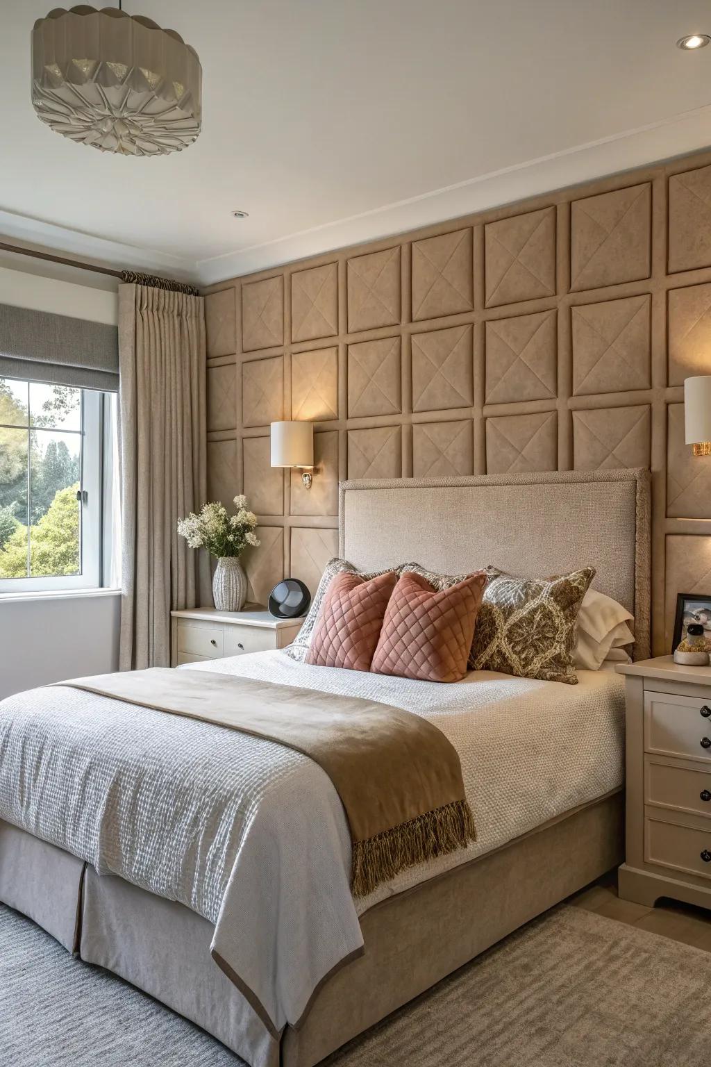 Integrated headboard panels create a consistent and elegant setting.