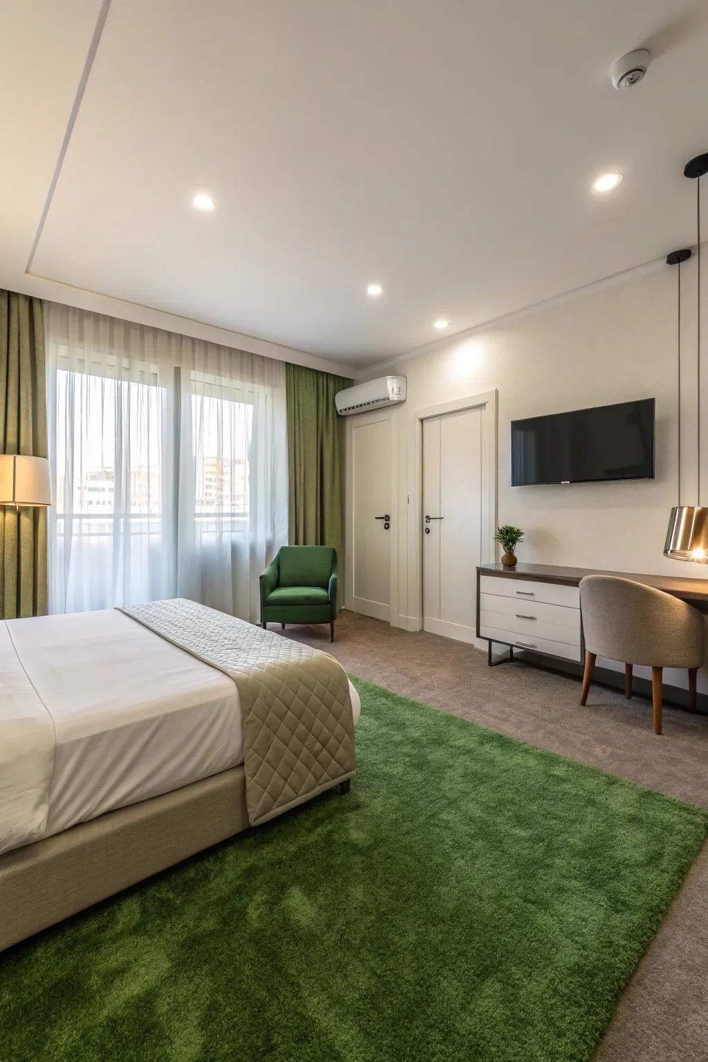 Streamlined design accentuates the prominence of the emerald floor covering, resulting in a stylish and spacious environment.