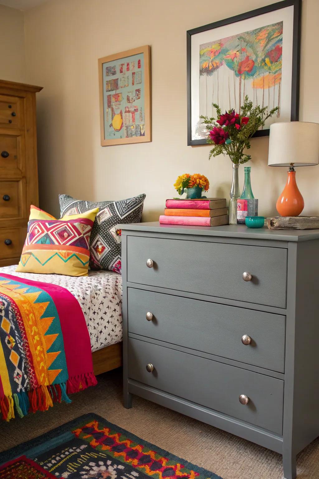 A striking presentation featuring a grey dresser paired with vibrant highlights.