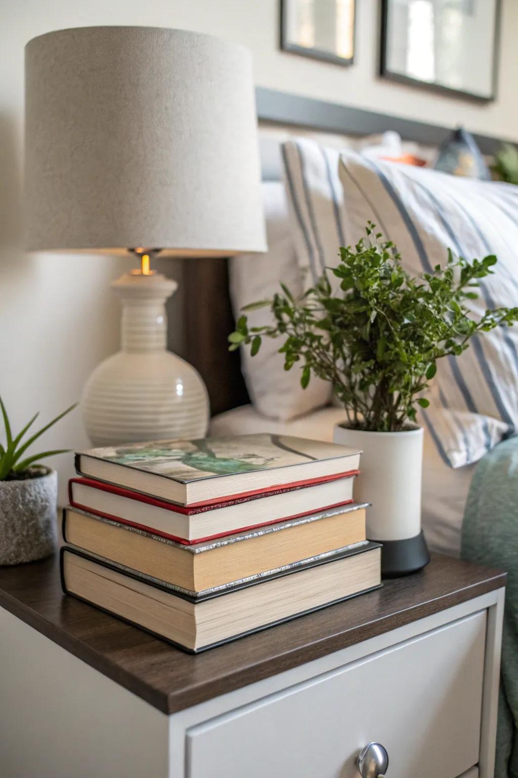 Books contribute a personal and snug aspect to your bedside.