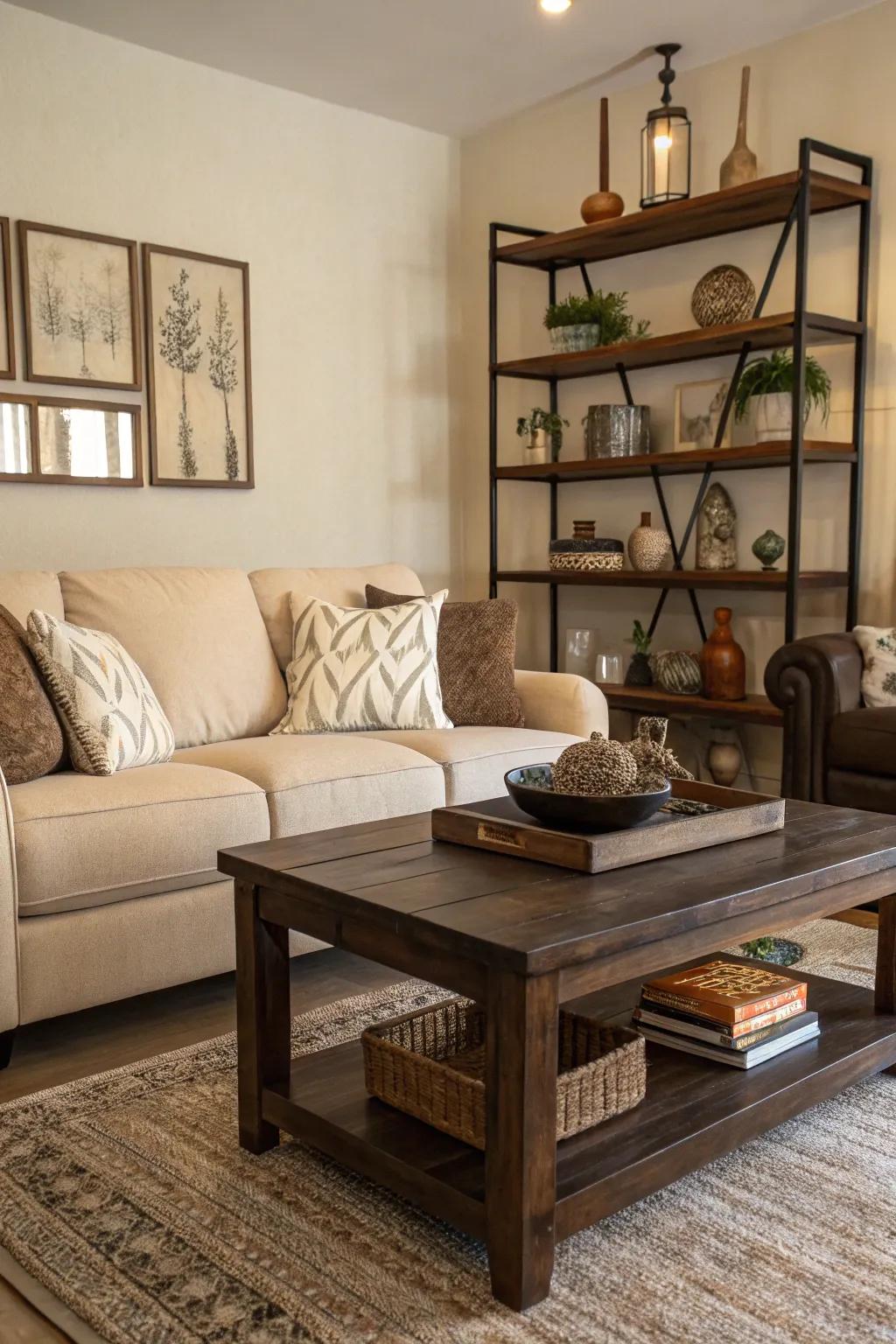 A fashionable living area featuring a sand-toned sofa contrasted by deep timber accents.