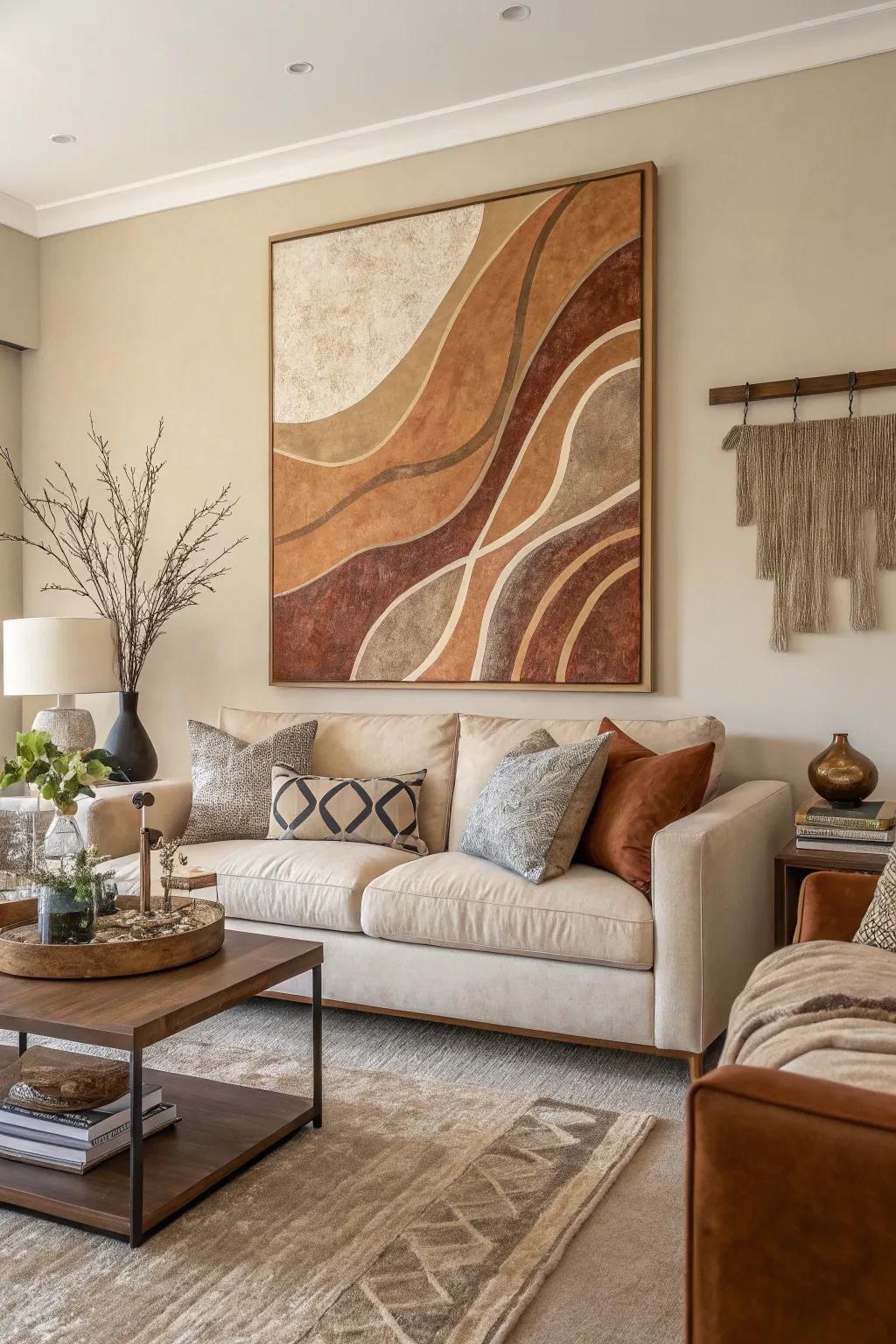 Striking art contributes distinctiveness to understated environments.