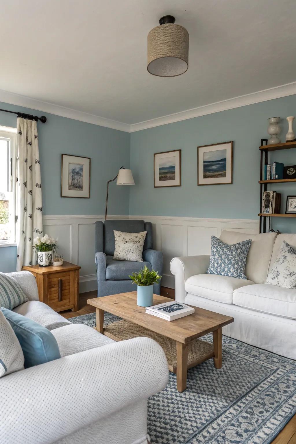 Walls in misty azure bring a sensation of calm and spaciousness.