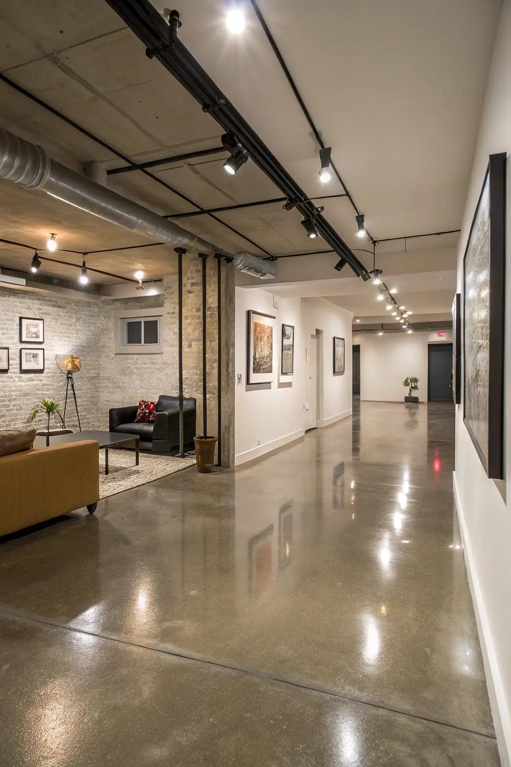 Burnished concrete provides a modern, sleek aesthetic to basement environments.