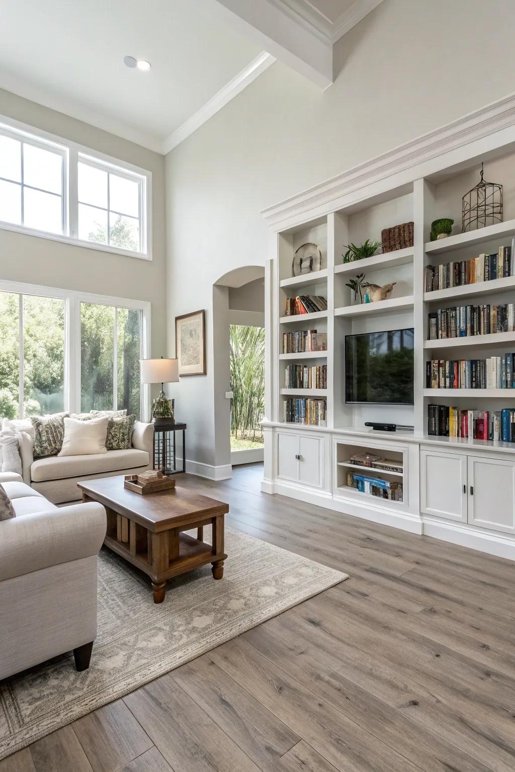 Contemporary living area featuring chic vinyl plank flooring