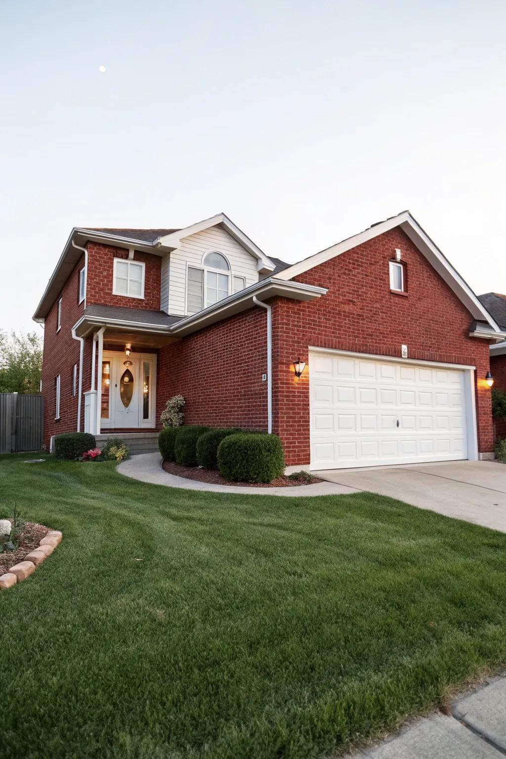 A white garage door presents a fresh and inviting contrast to red brick.
