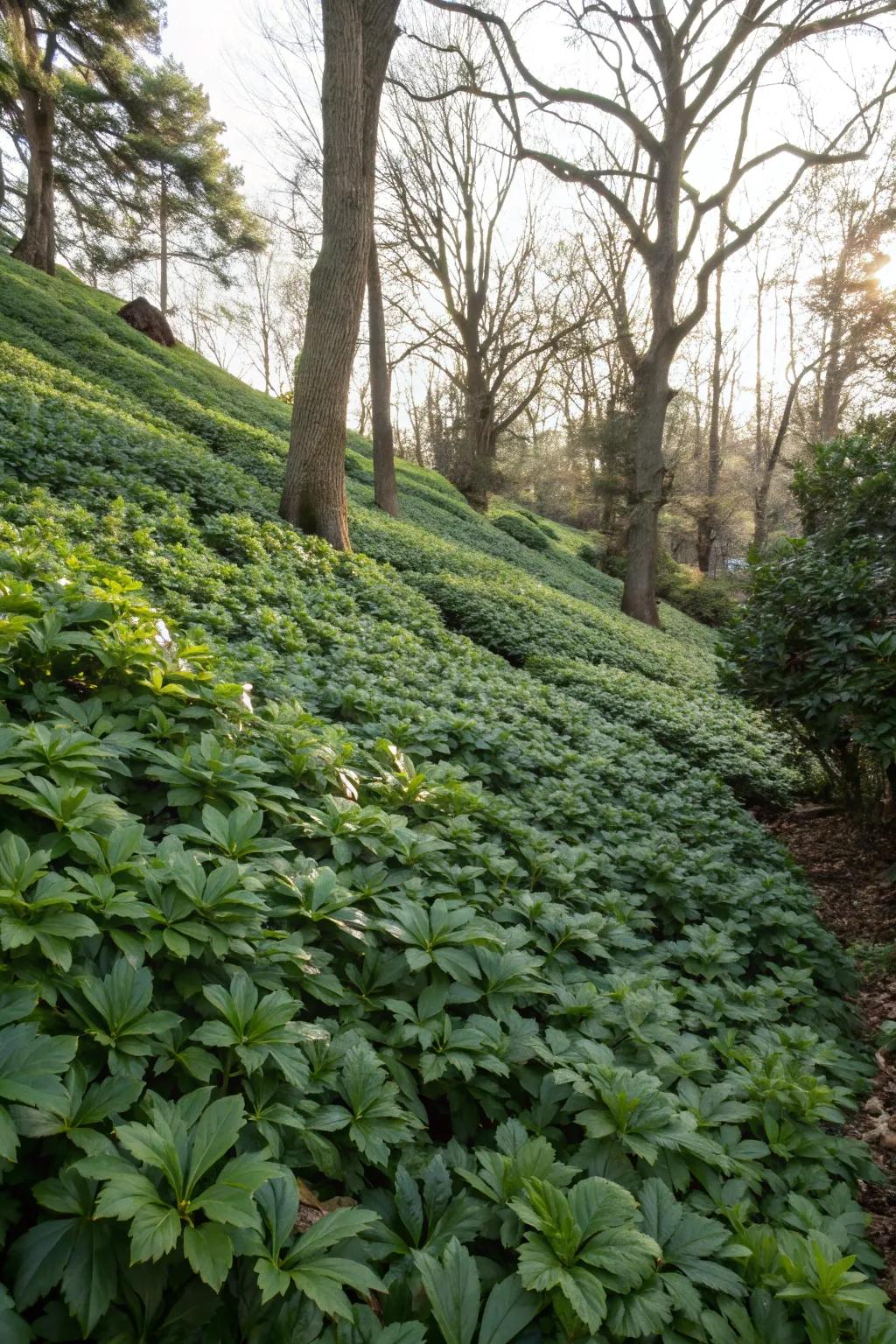 Pachysandra maintains green hillsides throughout every season.