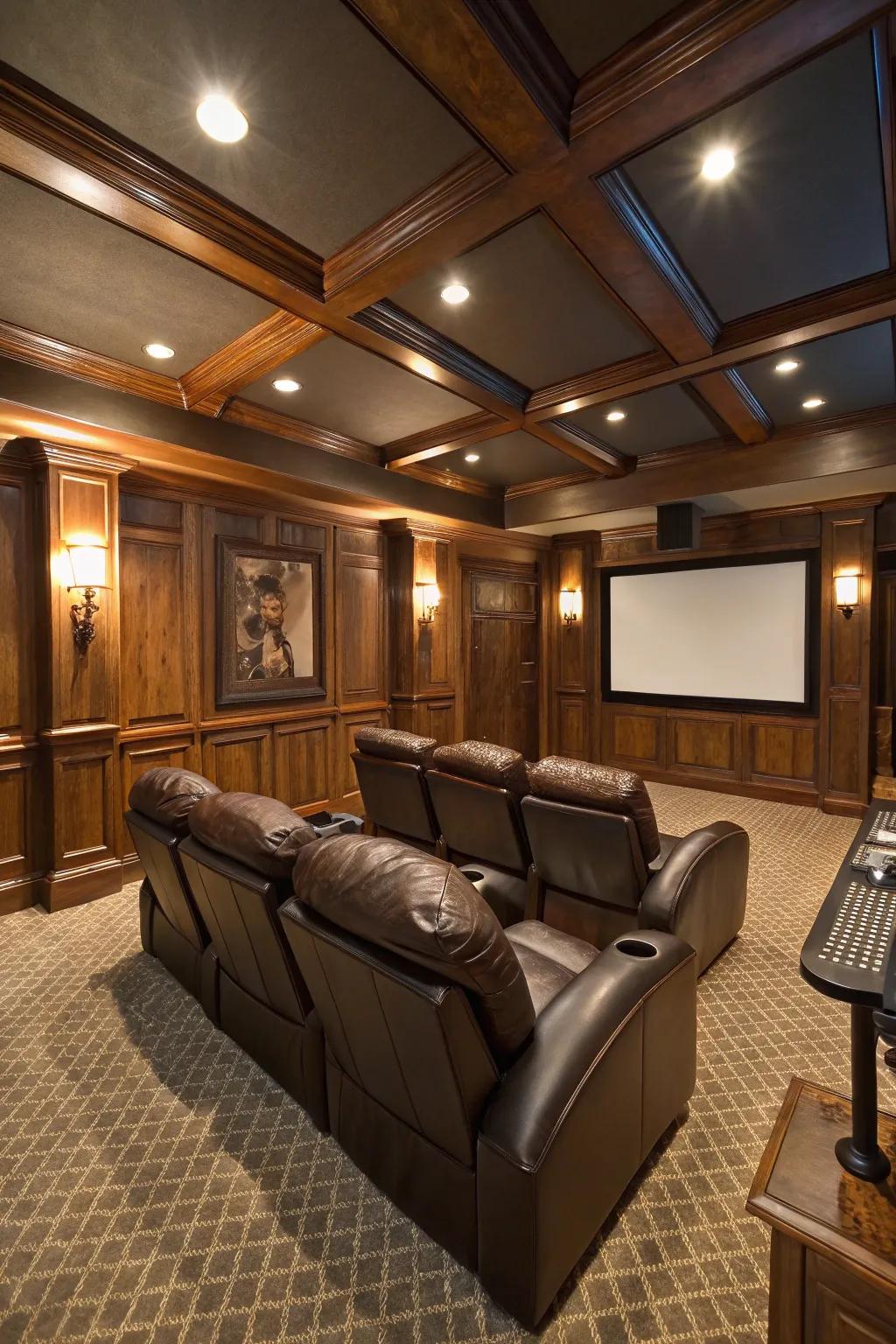 Elegant leather seating adds sophistication to this home theater.