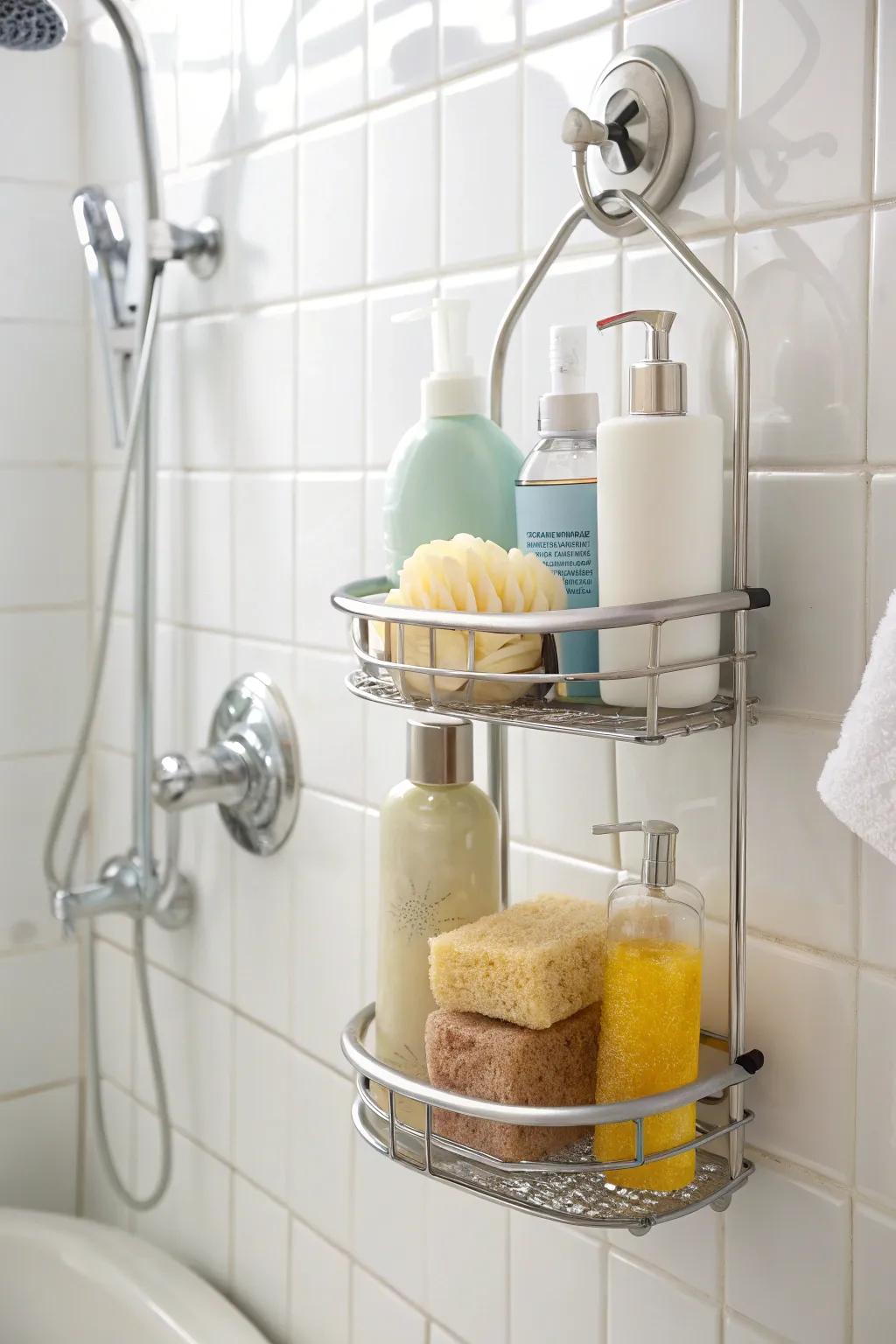 Relish swift installation using an adhesive cup shower butler, suitable for rentals.