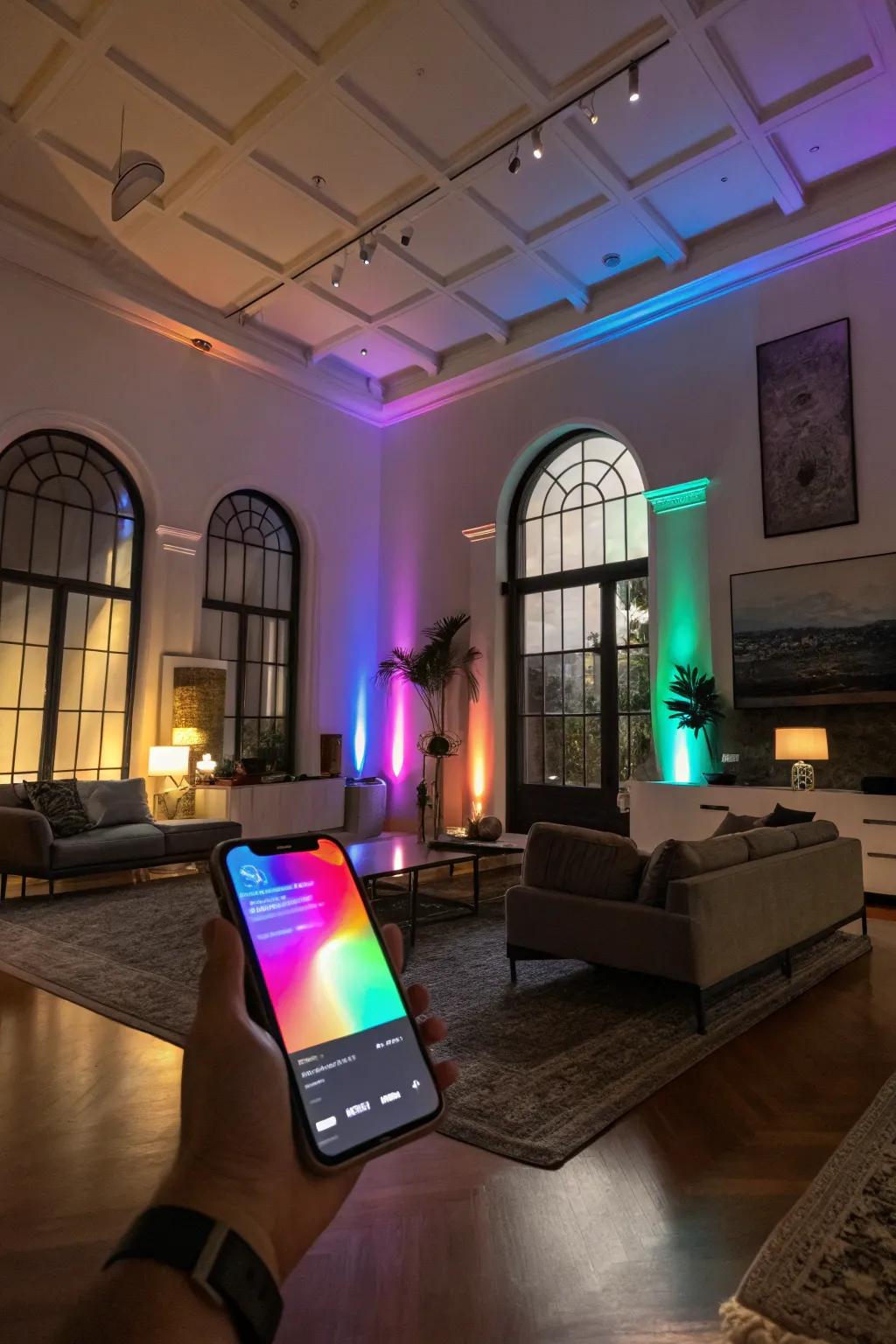 Smart lighting transforms a living room by emphasizing its architectural components using dynamic color transitions.