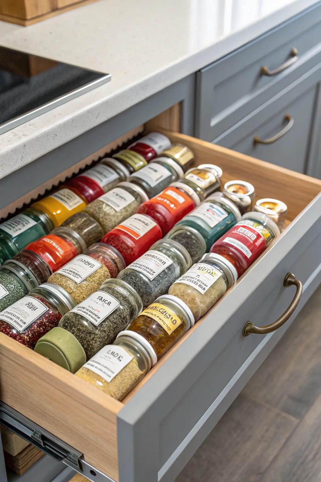 Simple access using pull-out spice drawer organizers.