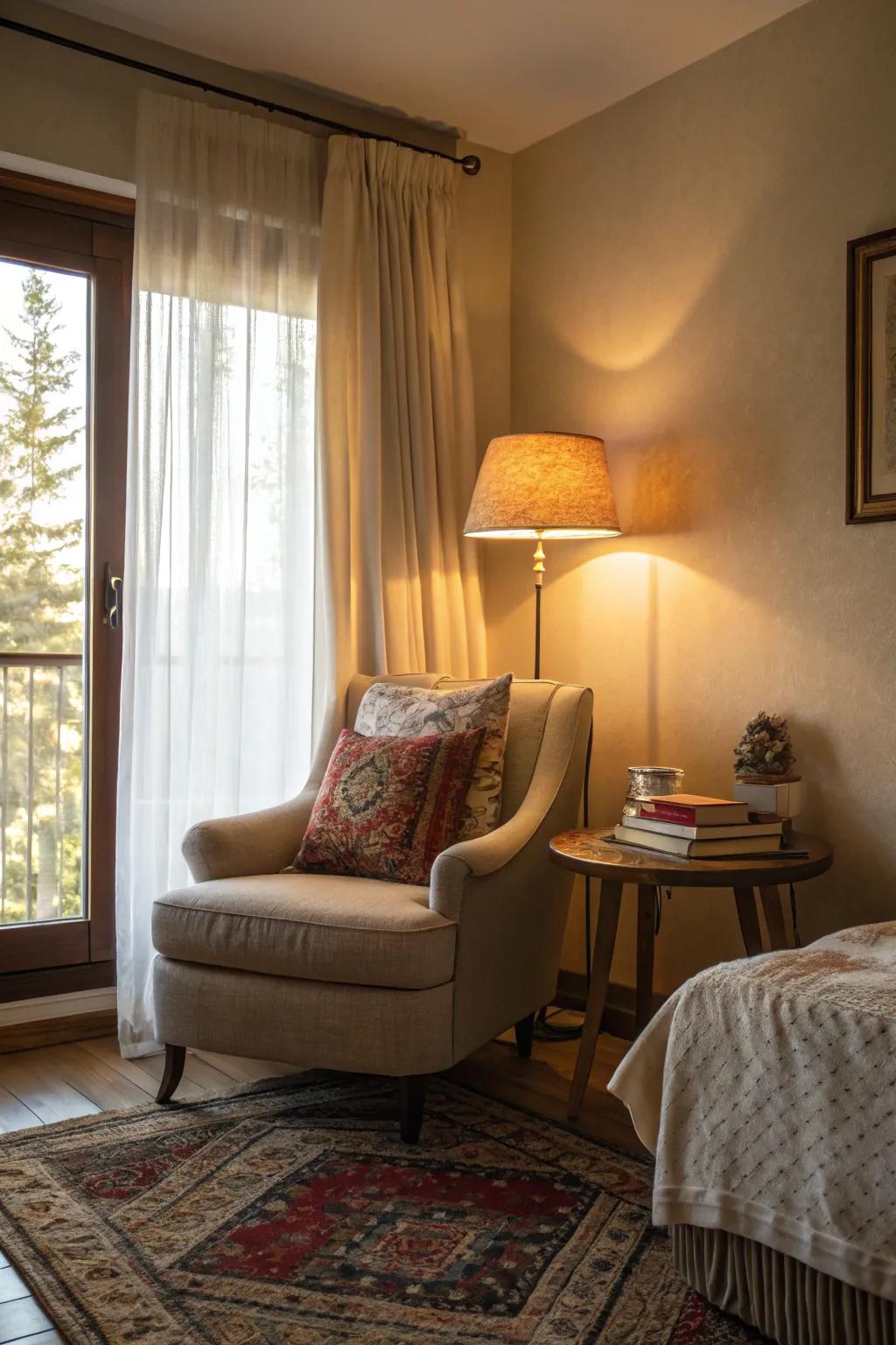 A delightful seating nook in a spacious bedroom, perfect for unwinding.